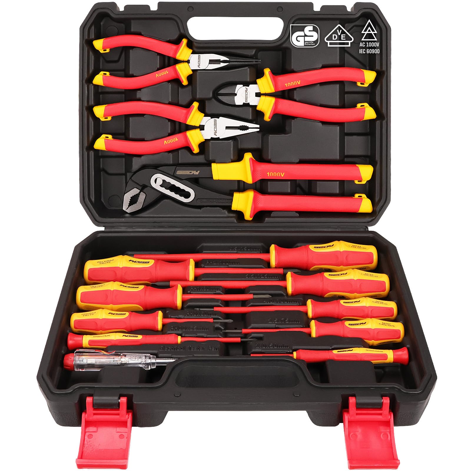 Insulated Screwdriver & Pliers Set: 14-Piece VDE Insulated Set 1000V Insulated Electrician Tool Set with Magnetic Phillips, Slotted Screwdrivers and Insulated Pliers