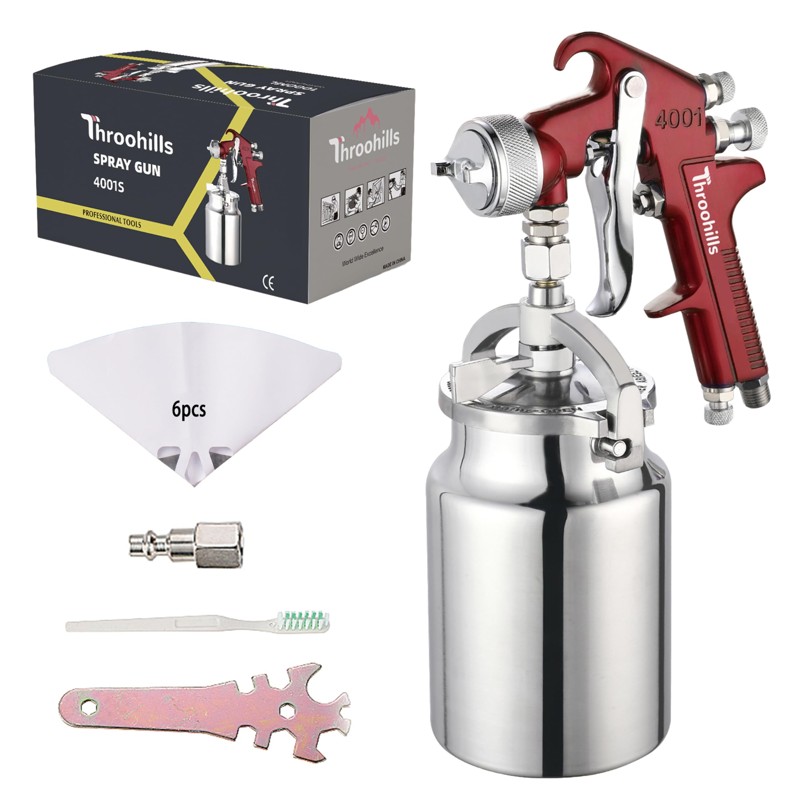 Throohills Siphon Feed Spray Gun for Piant with 1.8mm Nozzle, 1000cc Cup and 6pcs Paint Strainers for Cars & HousePainting Gun(Red)