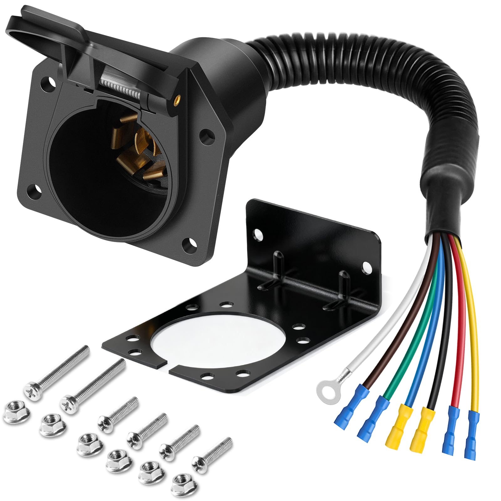 Premium 7 Pin Trailer Connector with Mounting Bracket，Heavy-Duty 7 Pin Trailer Plug with Color-Coded Wiring Harness for Easy Installation，Waterproof 7 Way Trailer Plug for RVs，Trailers，Boat Traile
