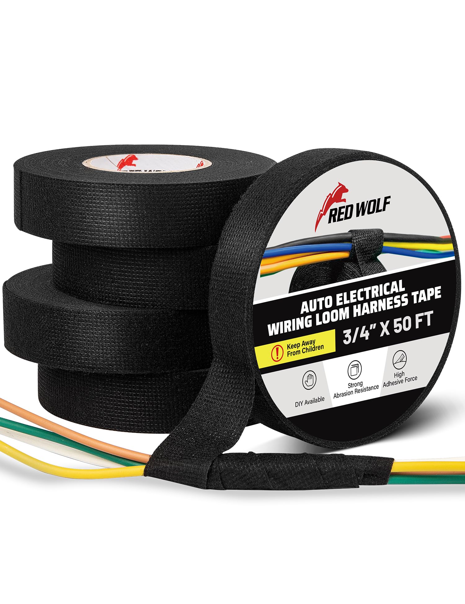 RED WOLF Wiring Harness Tape High Temp Wire Cable Loom Self-Adhesive Fabric Tape for Electrical Automotive Engine Harness Wrap Protection Noise Damping Cables Fixed 3/4 Inch x 50 FT 5 Rolls