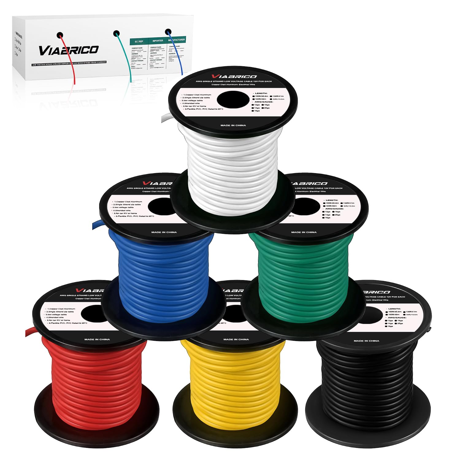 VIABRICO 14 Gauge Wire - 600FT, 100ft Spool, 6 Colors, Copper Clad Aluminium, Low Voltage, Hookup Wire Kit for Breadboard/Automotive/DIY/Battery