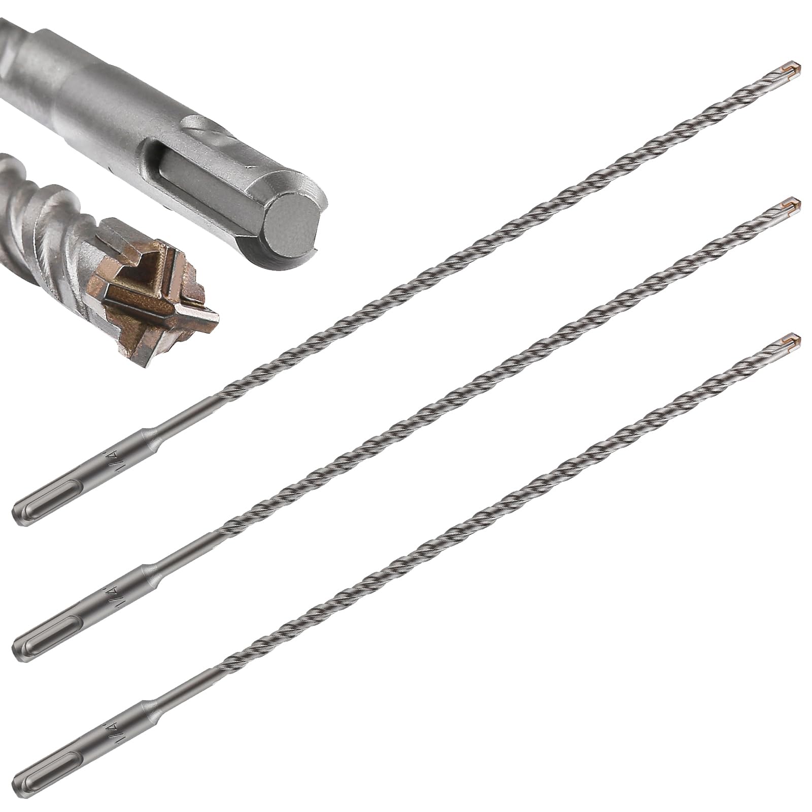 Wensilon Concrete Drill Bit Lengthening 3pcs 1/4" X 12"-10" Cross-Type Double Thread Carbide Material Suitable for Brick, Cement Walls, Stone, Extra Long Hammer Drill Bits