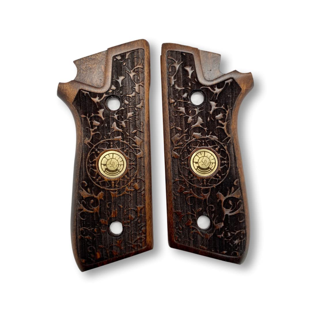 Zib Grips for Taurus PT59, PT92, PT99, PT100, PT101, PT917 Wooden Grips, Smooth Grips Handmade Birthday Newyear Sport for Men & Veterans (Taurus Grips - Ethnic Pattern Dark Brown)