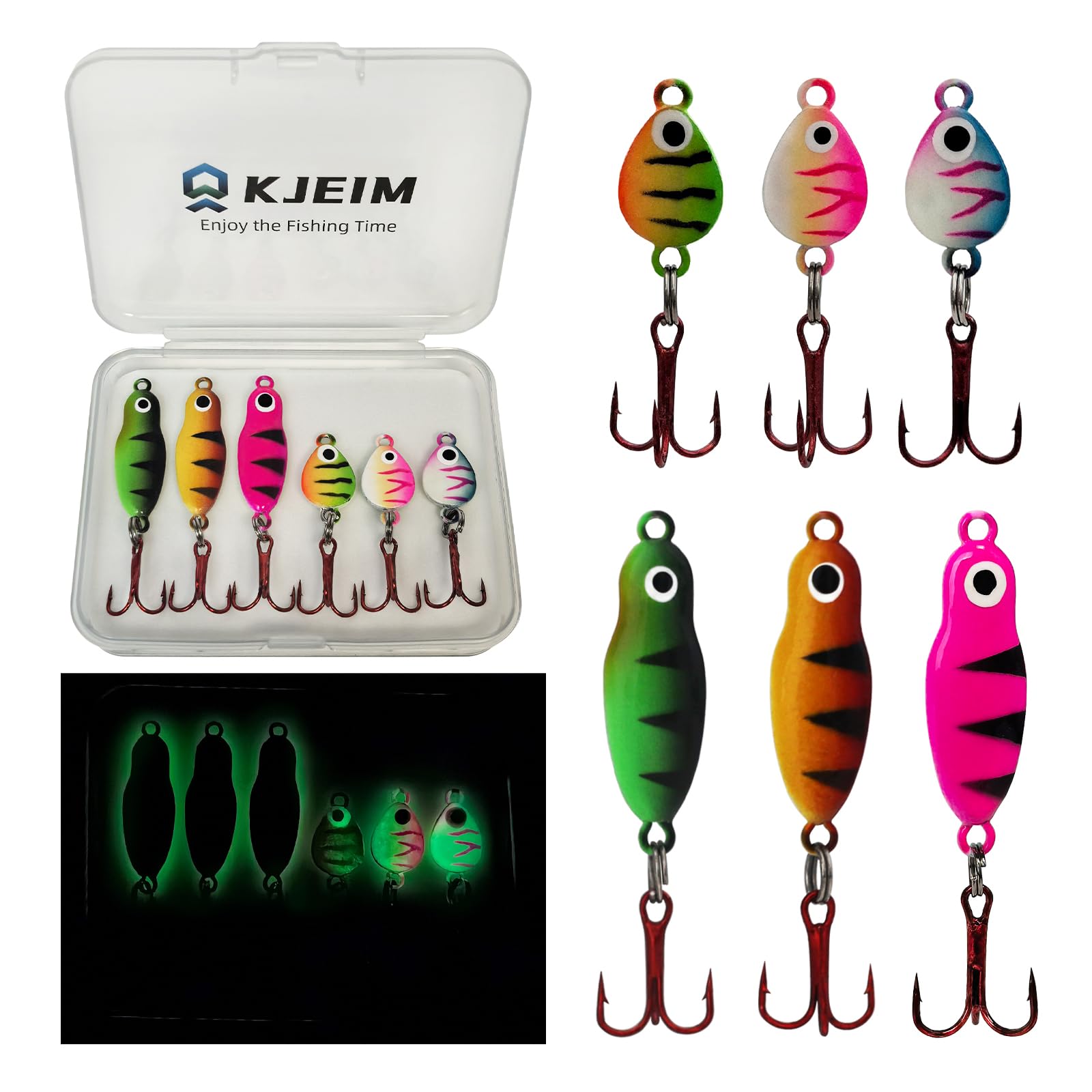 Ice Fishing Jigs Luminous Ice Fishing Lures Glowing Jig Gear Winter Fishing Jigging for Crappie Pike Panfish Walleye Perch Bluegill 6pcs/20pcs (A-6PCS)