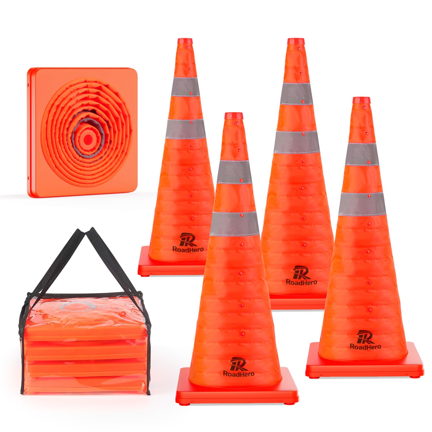 RoadHero 28 Inch 4 Pack Collapsible Traffic Safety Cones with Bag, Orange