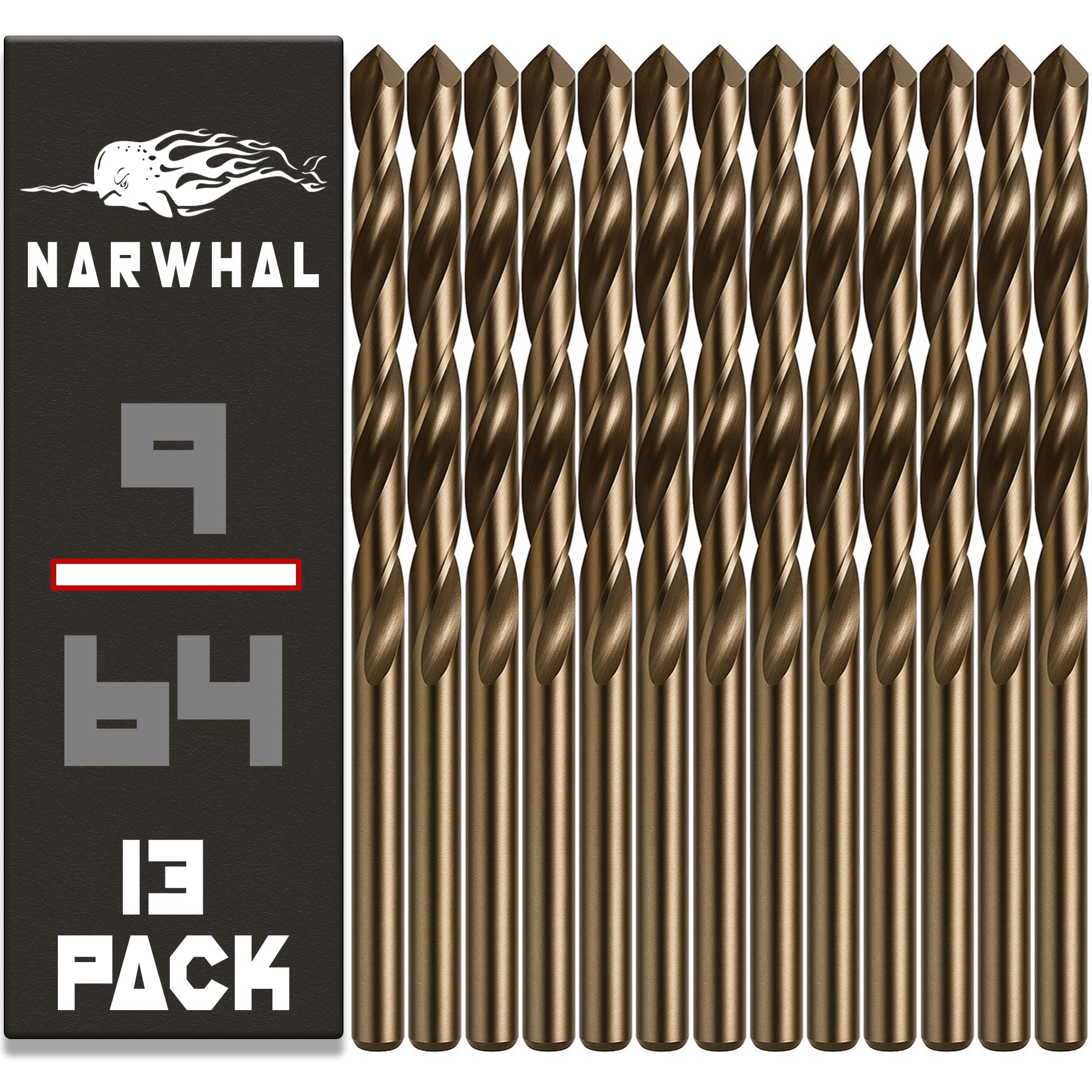Narwhal 9/64 Inch Cobalt Drill Bits (13 Pack - Industrial Grade M35 Cobalt) 2-3/4" Length & 135 Degree Split Point for Drilling Into Metal, Hardened & Stainless Steel, Cast Iron, & More!