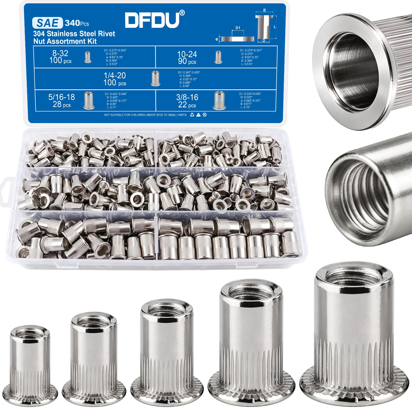 DFDU 340Pcs Rivet Nut Assortment Kit, SAE Rivnut Set #8-32#10-24 1/4"-20 5/16"-18 3/8"-16 UNC 304 Stainless Steel Nutsert Flat Head Knurled Body Threaded Inserts for Metal, Automotive, DIY