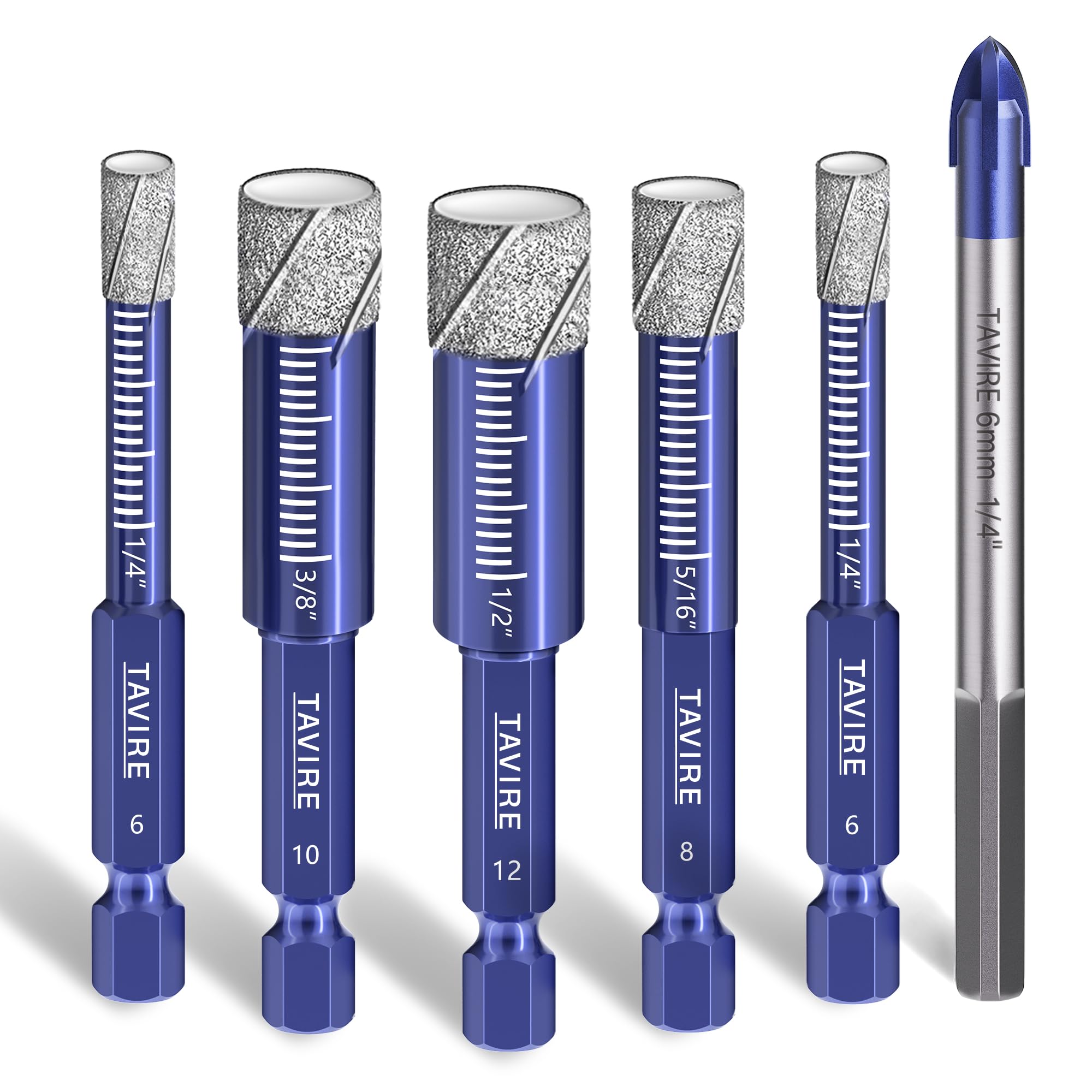 6 Pcs Dry Diamond Drill Bit Set for Tile,Ceramic,Glass,1/4",5/16",3/8",1/2"