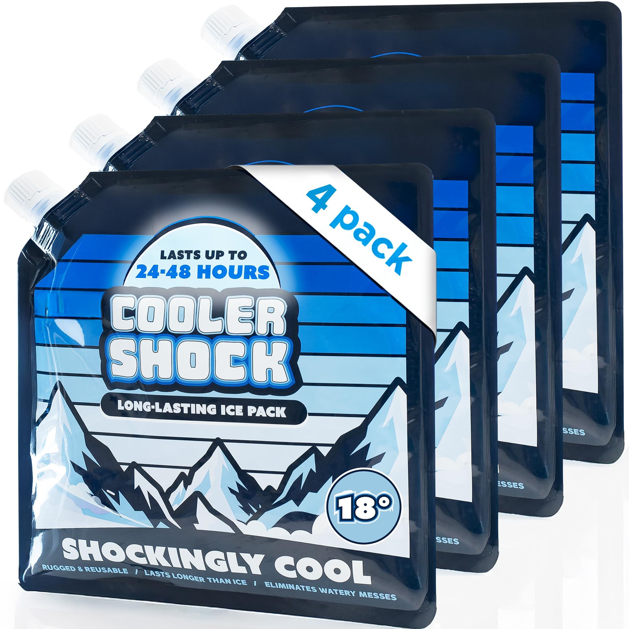Cooler Shock 4-Pack Mid-Size 10x10 Reusable Ice Packs - Freezes to 18°F / -8°C - Long Lasting Freezer Packs for Coolers and Lunch Boxes - Camping, Fishing, Road Trips, Beach