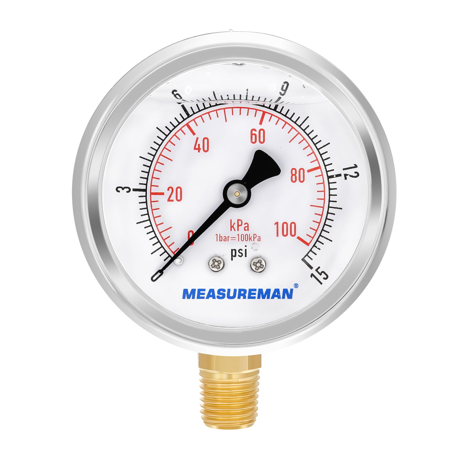 MEASUREMAN 2-1/2inch Dial Size, Glycerin Filled Pressure Gauge, 0-15psi/100kpa, 304 Stainless Steel Case, 1/4inch NPT Lower Mount