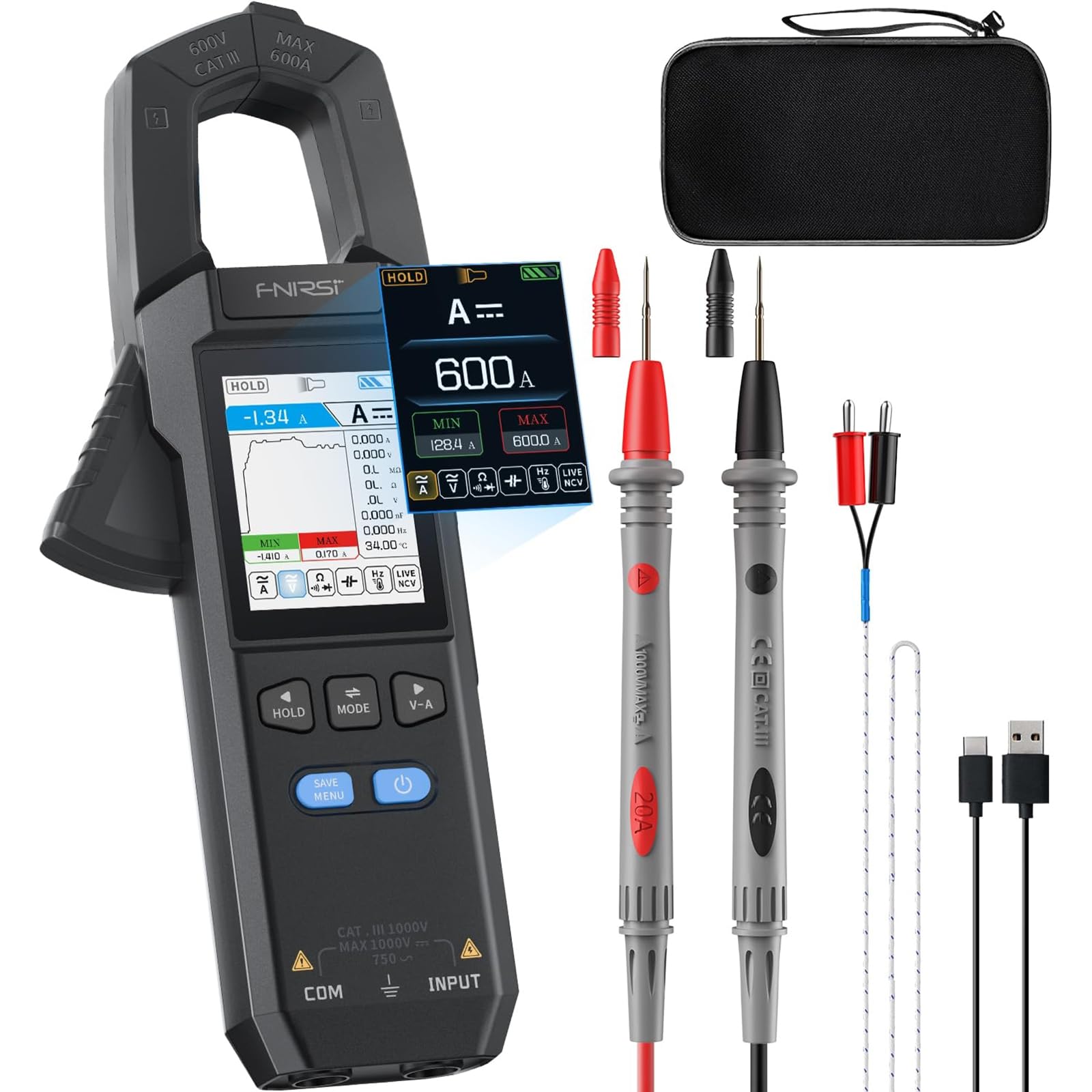 FNIRSI DMC-100 Clamp Meter 9999 Counts TRMS, 600A AC/DC Amp Meter