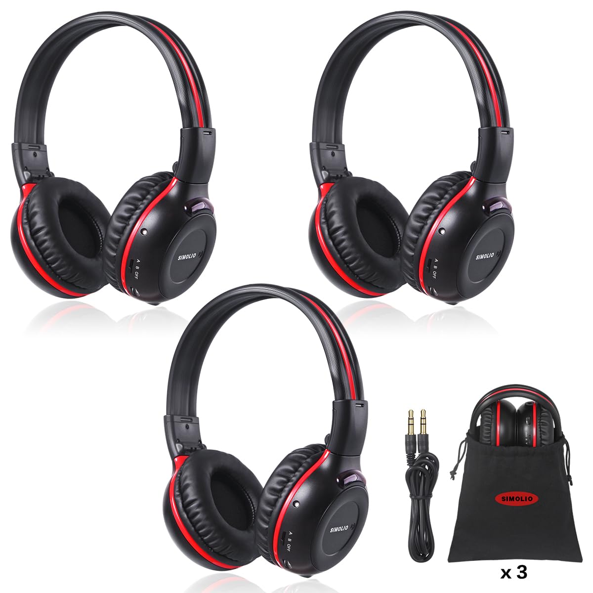 SIMOLIO Infrared Headphones for Car DVD for Honda Odyssey, uConnect, Chrysler Pacifica, Town & Country, Toyota Sienna,Wireless IR Headphone with Storage Bag & AUX Cord for TV, Outdoor Movie, 3 Pack