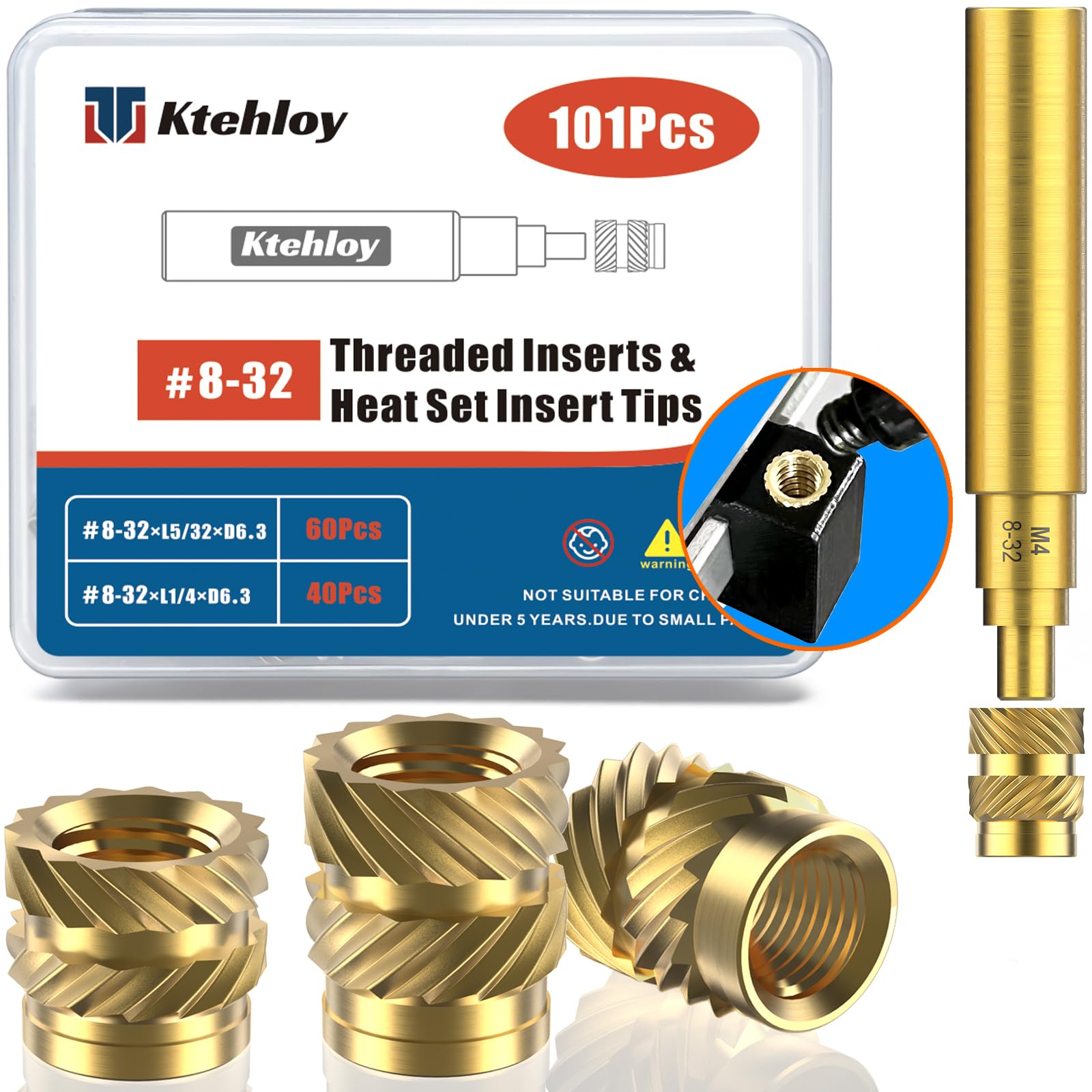 Ktehloy 101Pcs #8-32 Threaded Inserts, Female Thread SAE Knurled Nuts Assortment Kit, Brass Heat Set Insert for Plastic and 3D Printing Components(#8-32, L1/4×D6.3 and L5/16×D6.3)