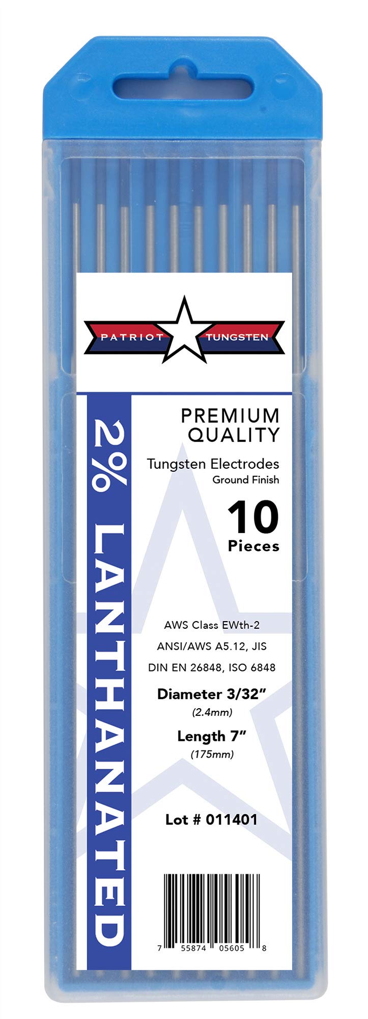 Patriot Tungsten TIG Welding Electrodes 2% Lanthanated WL20 (EWLa-2) Blue 3/32" 10 Pack