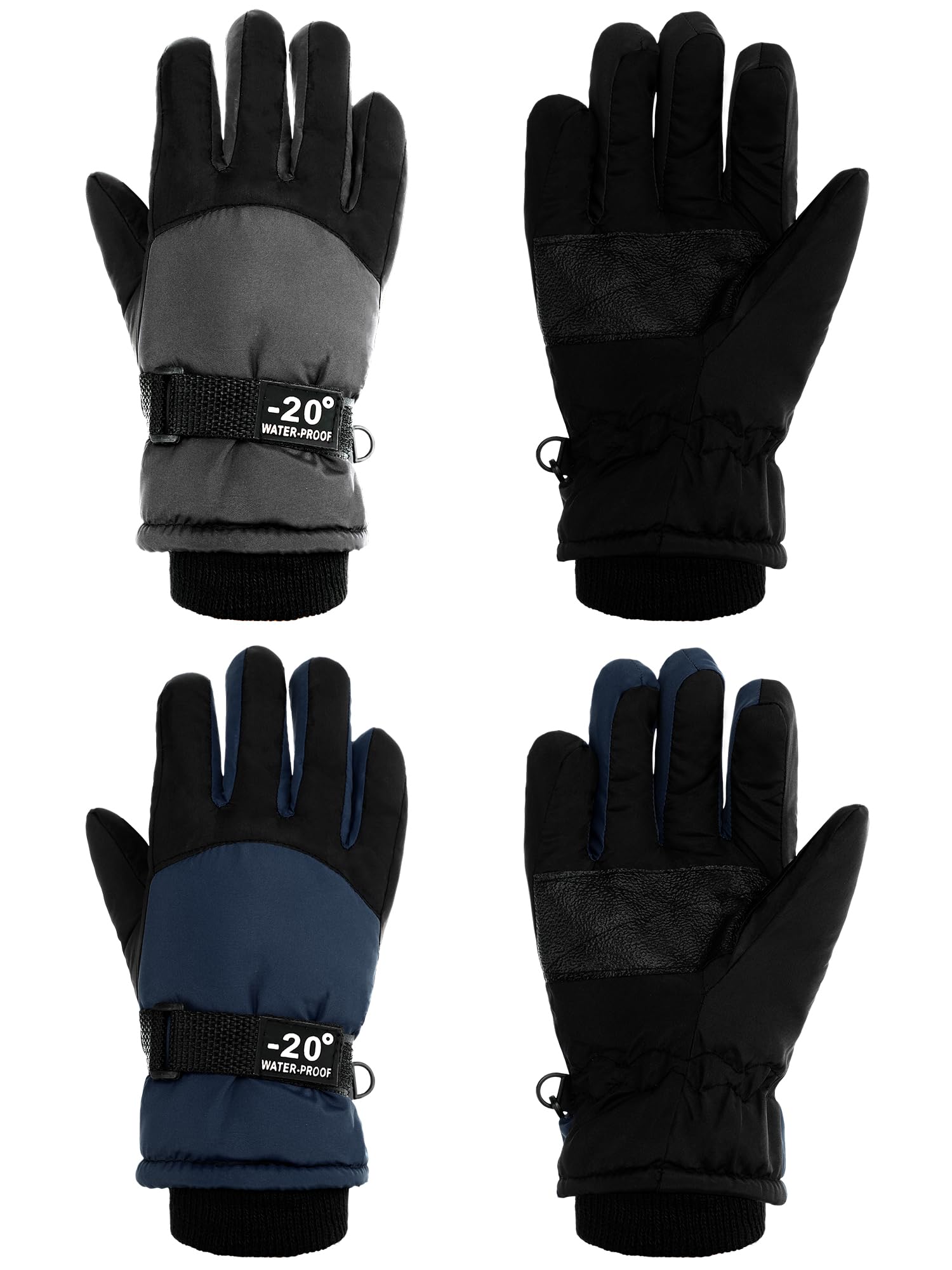 SATINIOR 2 Pairs Kids Waterproof Winter Snow Gloves Ski Gloves for Boy Girl Outdoor Warm Thickening Snowboard(Dark Gray, Dark Blue,8-12 Years,Classic)
