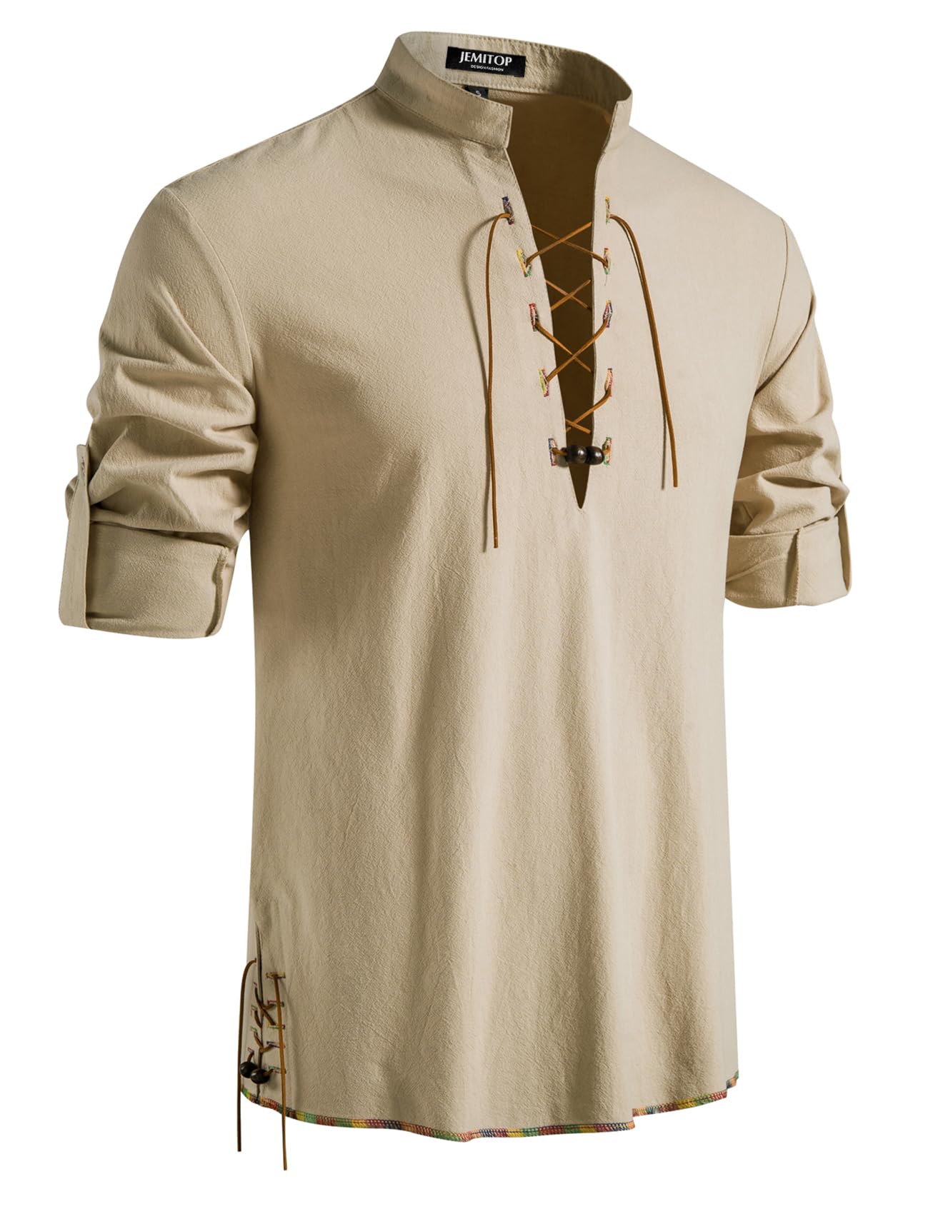 JEMITOP Men's Vintage Renaissance Costume Long Sleeve Lace Up Shirts for Pirate Viking Medieval Vampire Halloween Cosplay Clothing Khaki-D L