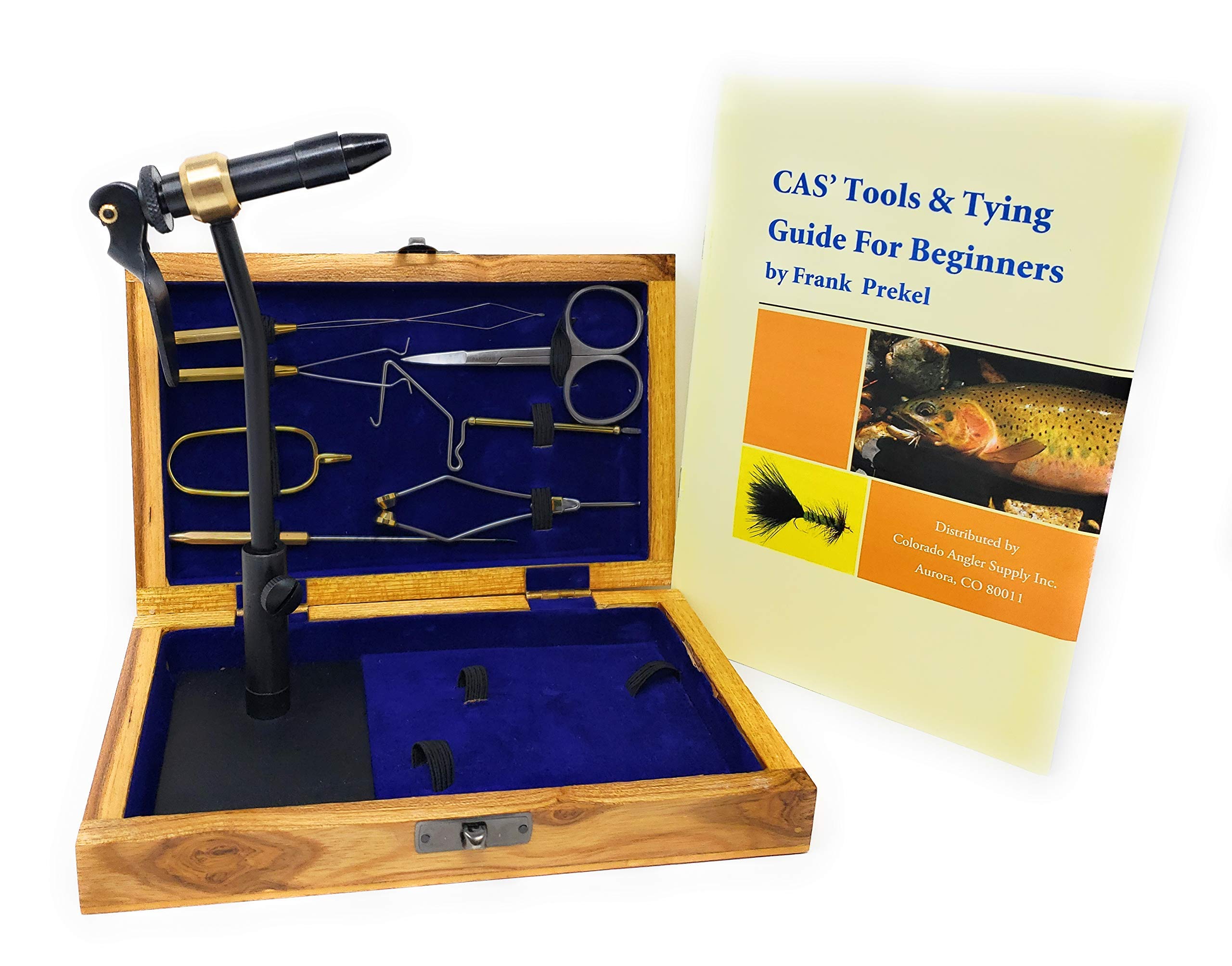 Colorado Anglers Fly Tying Standard Tool Kit with Wooden Box & Book, Rotary Vise, Bobbin, Scissors, Whip Finisher, Complete Set for Beginners & Pros