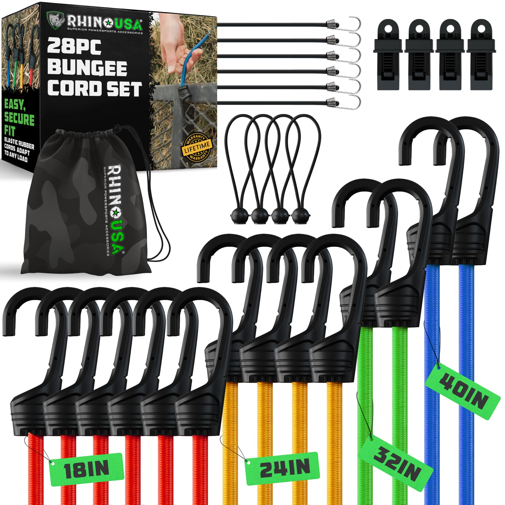 Rhino USA Bungee Cords with Hooks (28-Piece) - Heavy Duty Outdoor Assorted