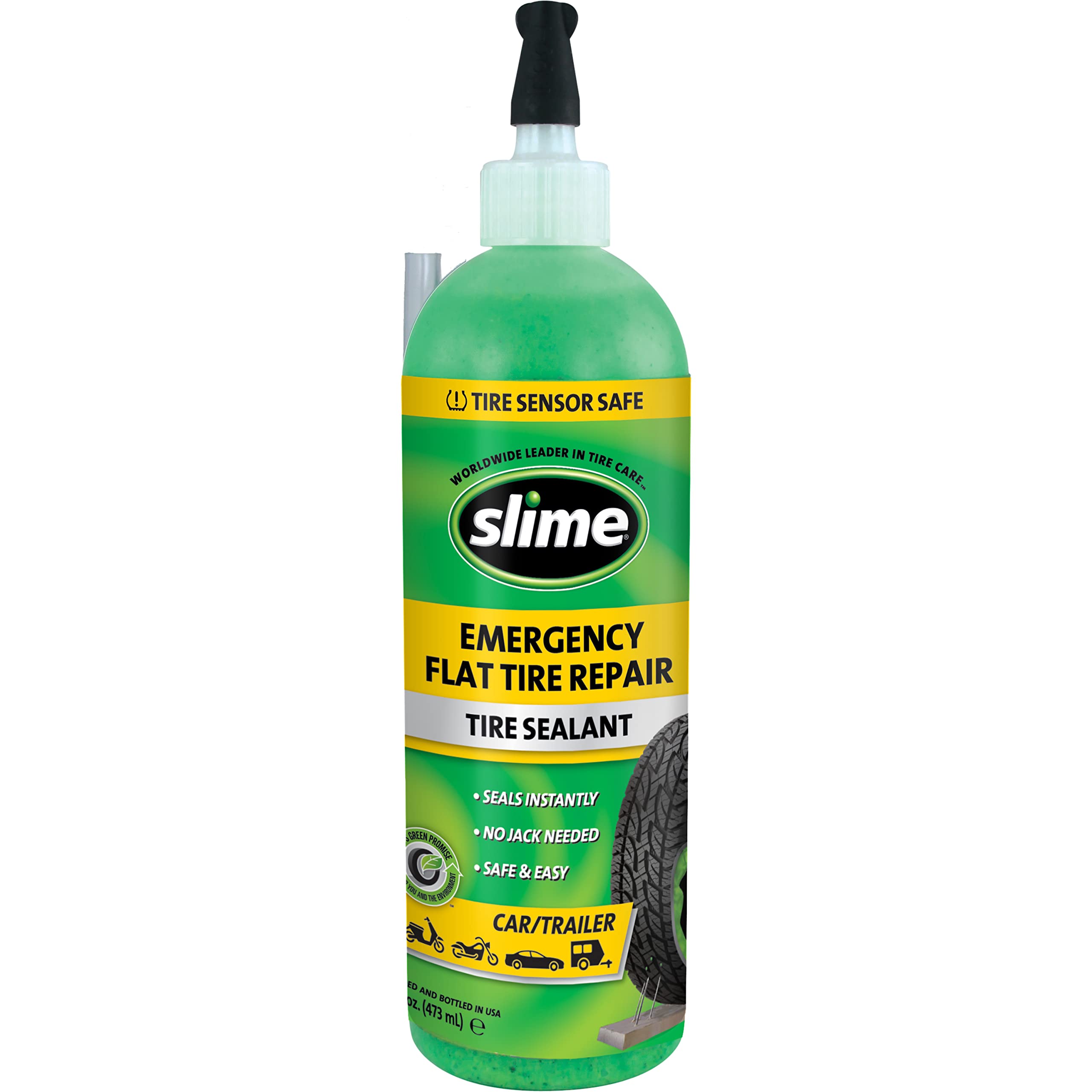 Slime 10011 Flat Tire Puncture Repair Sealant, Emergency Repair for Highway Vehicles, Suitable for Cars/Trailers, Non-Toxic, eco-Friendly, 16 oz Bottle