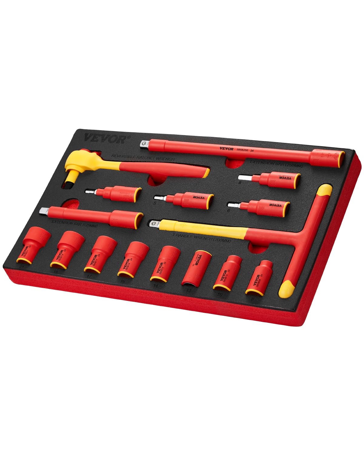 VEVOR Insulated Socket Set, 16-Piece Insulated Wrench Tool Set, 1000V Insulated Socket Tool, with Insulated Sockets, Insulated T-Handle Wrench, Drive Rachet, Extensions, for Electricians Home Repair