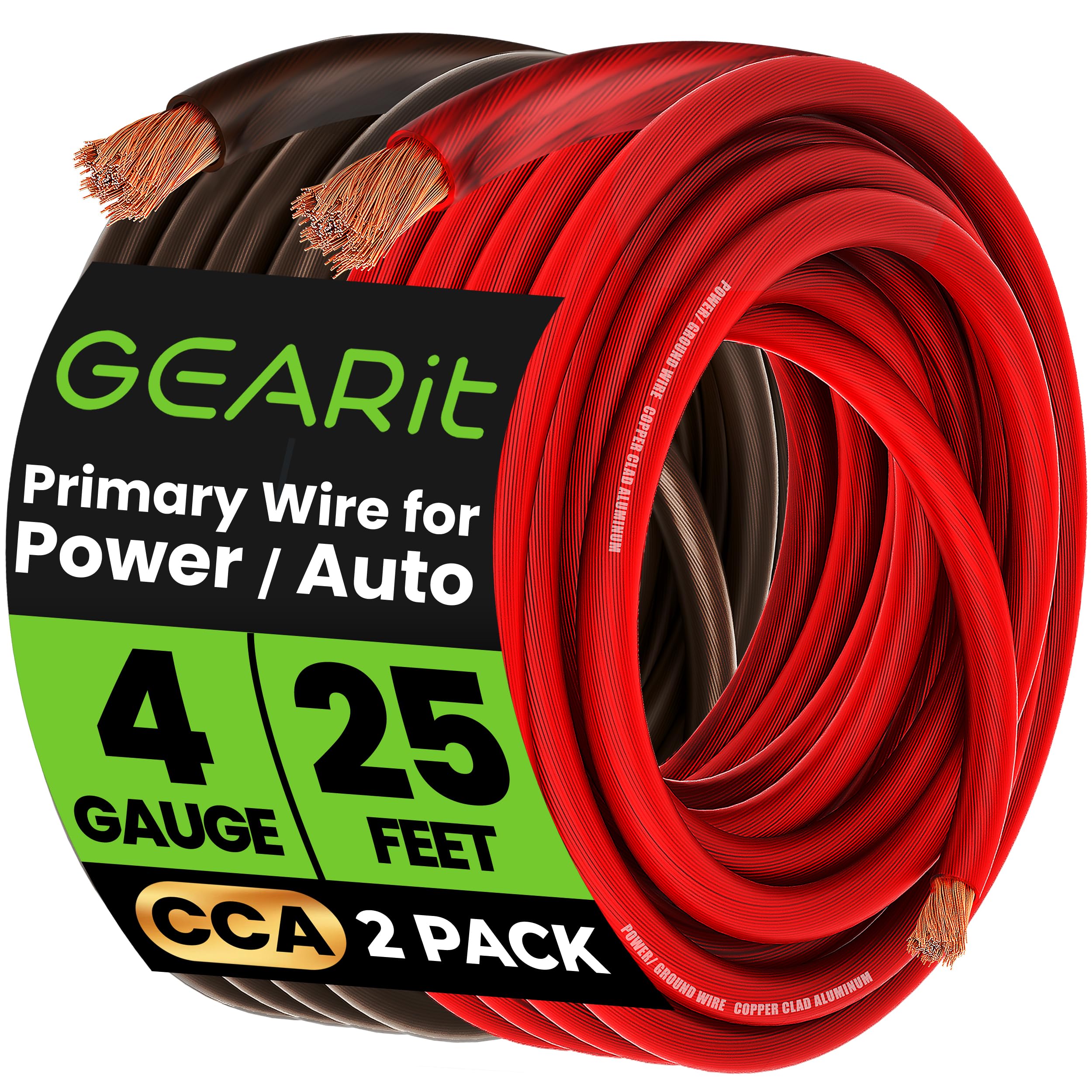 GEARit 4 Gauge Wire, CCA Electrical Wire Extension Cord for Automotive Power/Ground, Battery Cable, Car Audio, RV, Amp Wiring Kit, (25 feet Each- Black/Red Translucent)