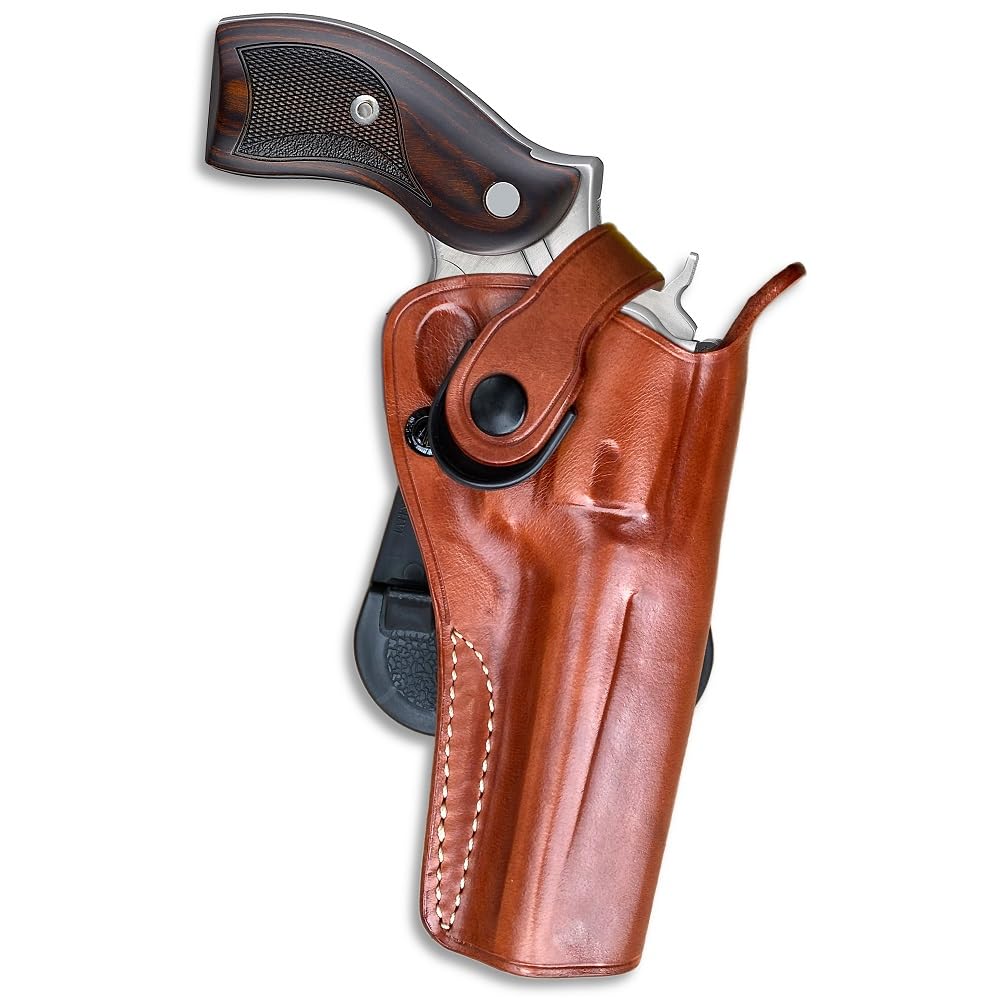 Masc OWB Leather Paddle Revolver Holster with Retention Strap, Fits Redhawk .41/44/ 45 Long 4.2-inch, Right Hand Draw, Brown #1429#