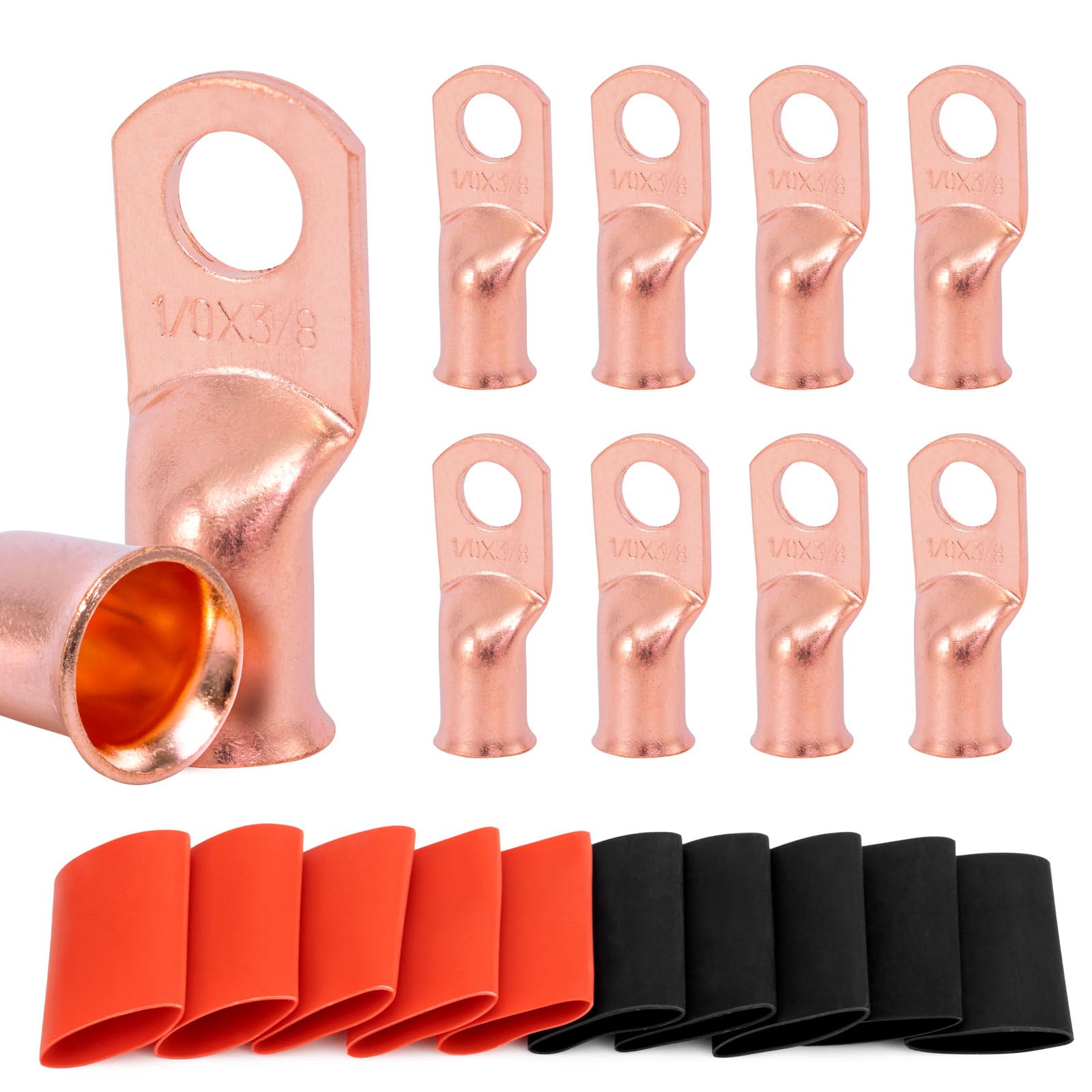 Sanuke 10pcs 1/0 AWG-3/8(M10) Copper Lugs, 0 Gauge Ring Terminals, Heavy Duty Wire Connectors with 3:1 Heat Shrink Tubing(UL Listed), Electrical Battery Cable Ends for Marine, Automotive, RV