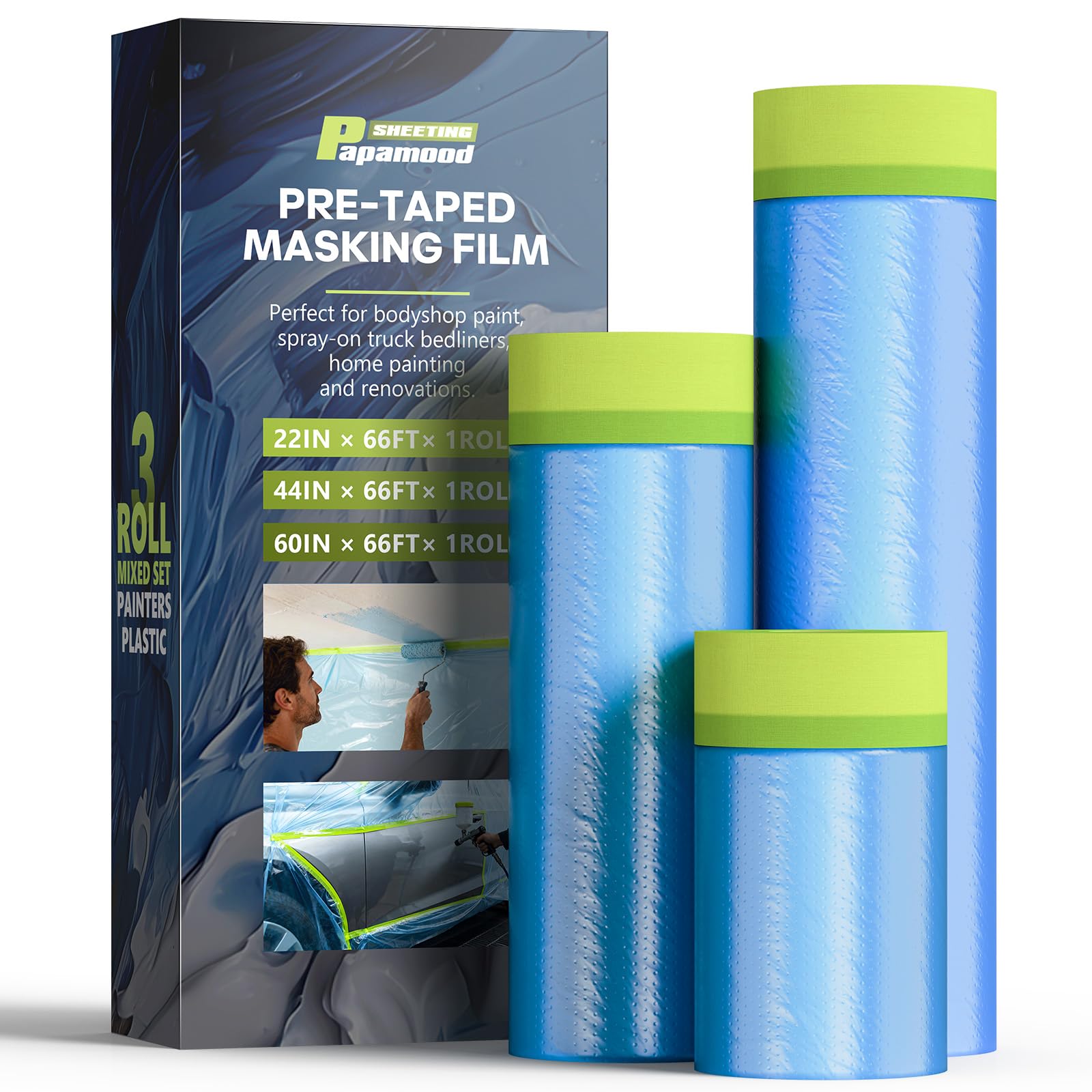 Pre-taped Automotive Masking Film for Painting - 3 Rolls Mixed Size