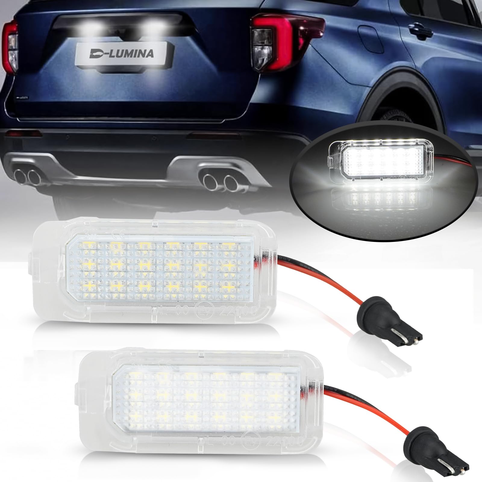 D-Lumina LED License Plate Light Tag Lamp Assembly for Fo-rd Explorer Expedition Fusion Escape Fiesta Lincoln MKC, Powered by 18-SMD 6000K White LED Tag Lights, Pack of 2