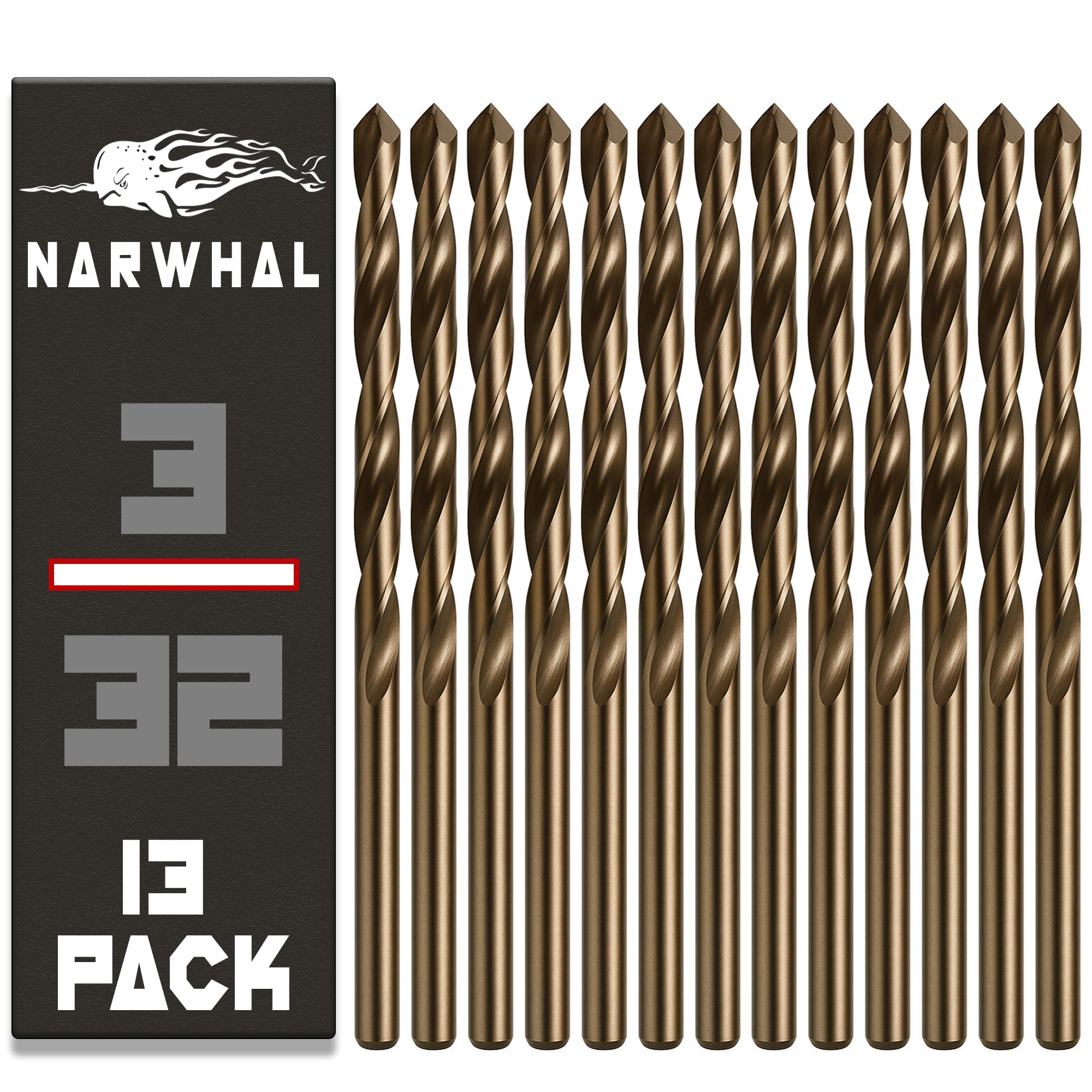 Narwhal 3/32 Inch Cobalt Drill Bits (13 Pack - Industrial Grade M35 Cobalt) 2-1/4" Length & 135 Degree Split Point for Drilling Into Metal, Hardened & Stainless Steel, Cast Iron, & More!