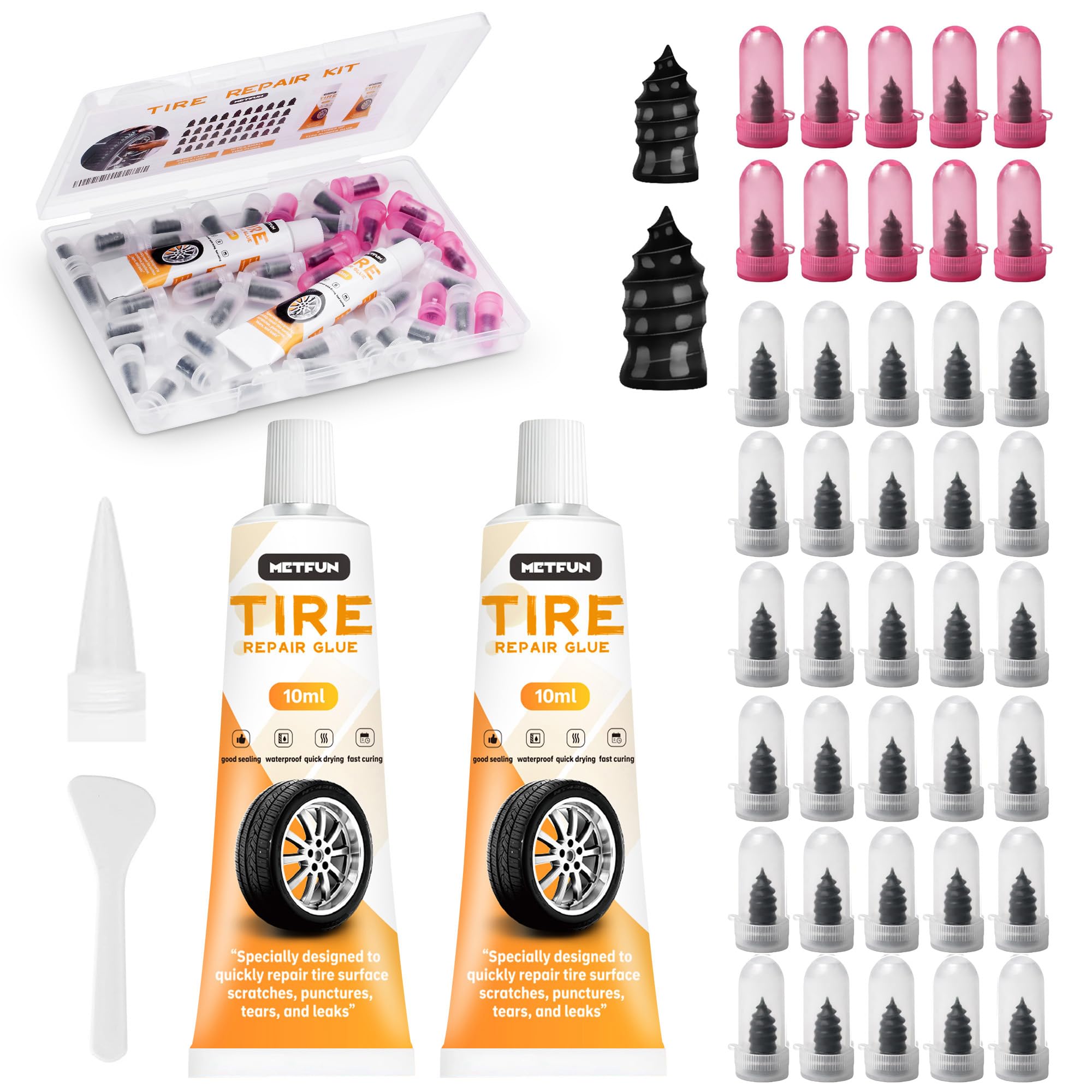 MetFun 40 PCS Quick Fix Screw-in Tire Plug Kit with 2 Tubes of Sealant Glue