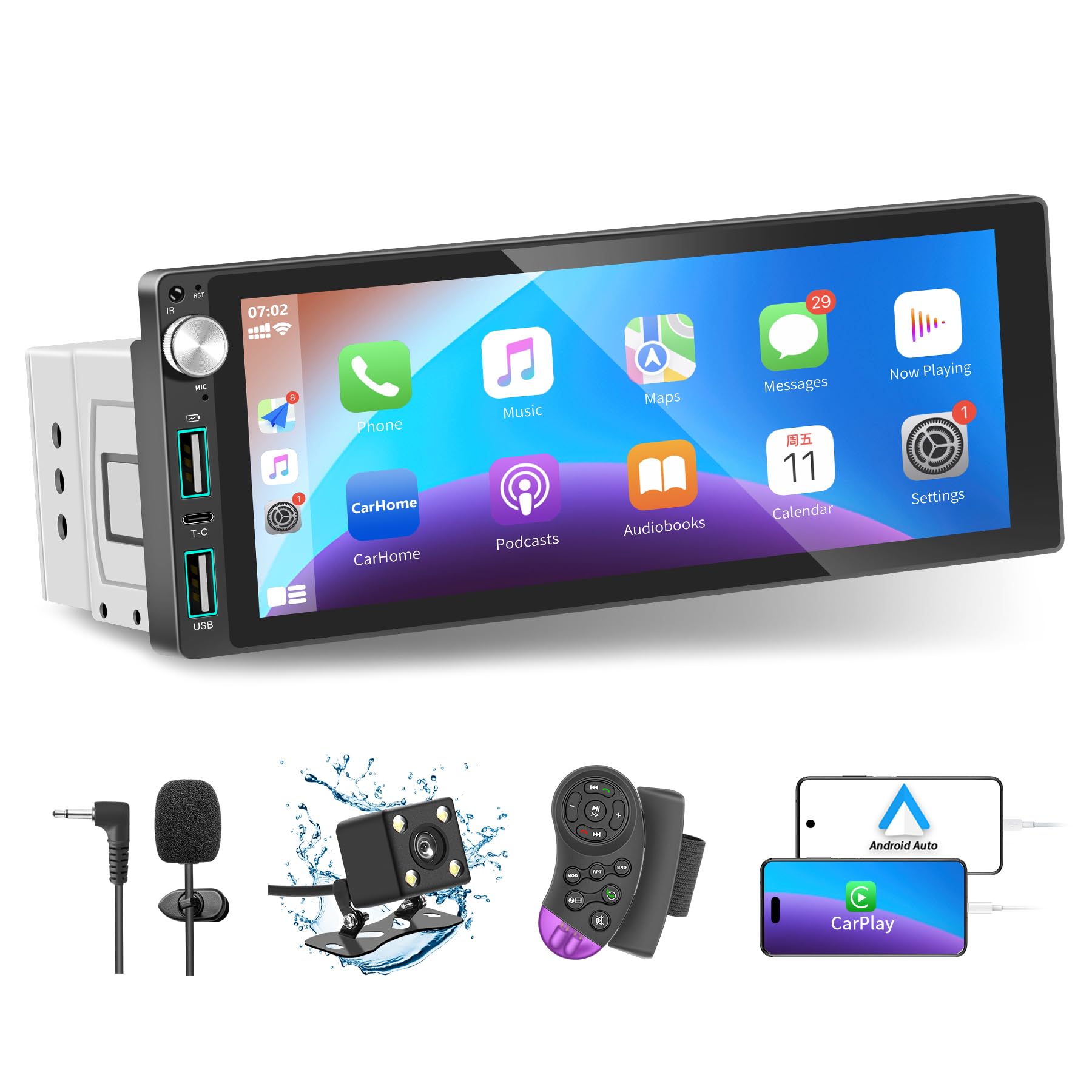 Single Din Car Stereo with Apple Carplay Android Auto,6.9 Inch IPS Touchscreen, 1 Din Car Audio Receivers wtih Bluetooth Handsfree/FM/AM/Dual USB/Type-C/EQ/SWC/GPS Navigation/Backup Camera/Microphone