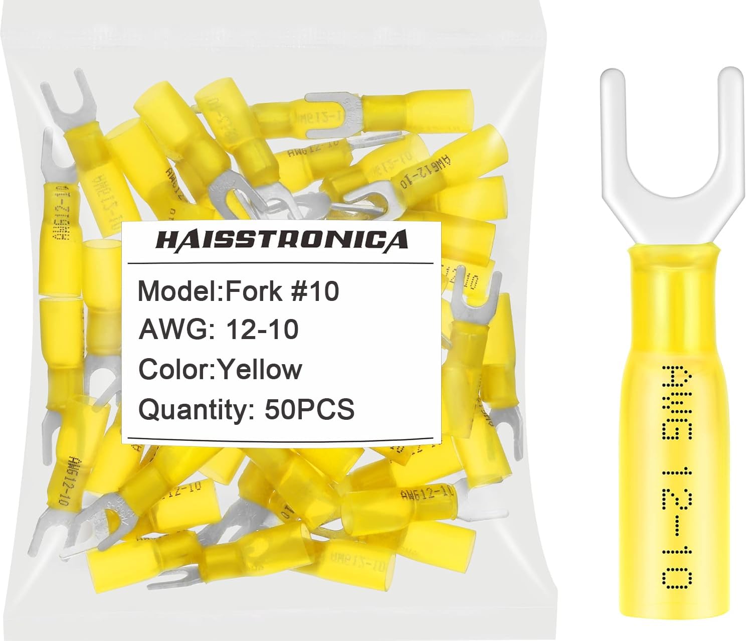 haisstronica 50PCS Heat Shrink Fork Terminals, 12-10 AWG, #10, Yellow