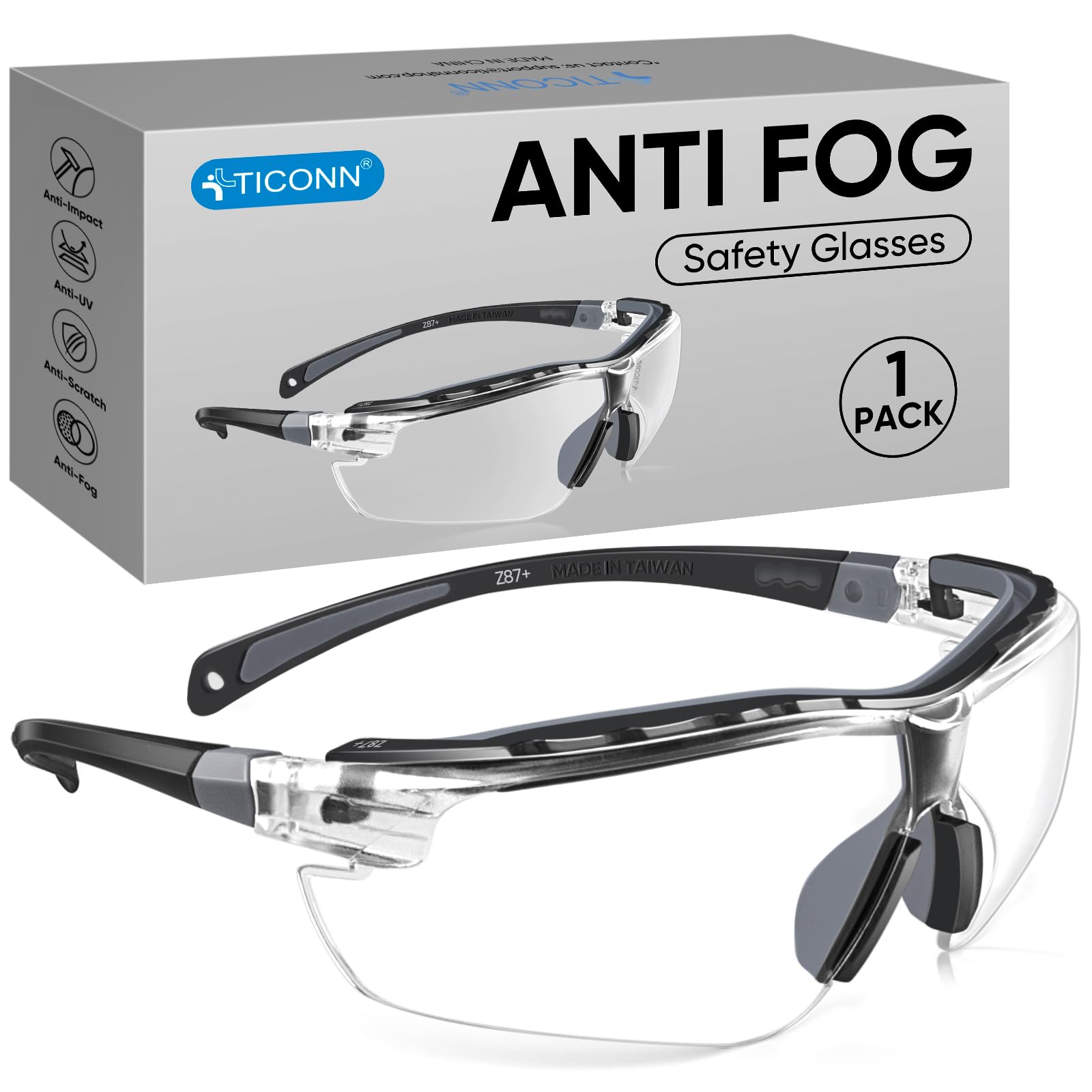 TICONN Anti-Fog Safety Glasses for Men and Women, ANSI Z87.1 Scratch Proof Eye Goggles with Adjustable Arms and UV Protection (Clear, 1PK)