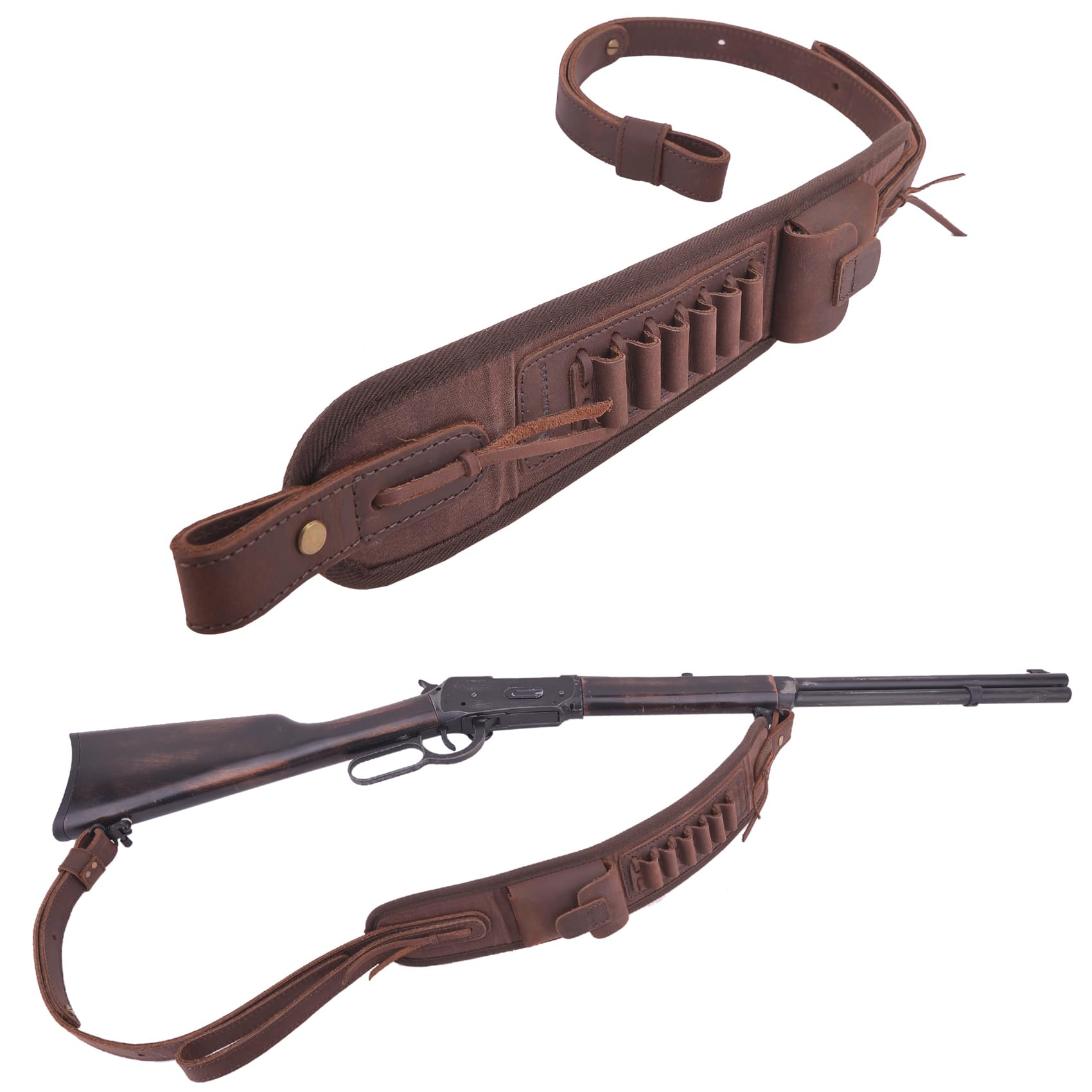 Leather Ammo Holder Rifle Sling Hunting Gun Strap for 30/30 .357 .45 .45-70 .22 12GA 20GA (Coffee Without Swivels, .357 .30-30 .35 .38)