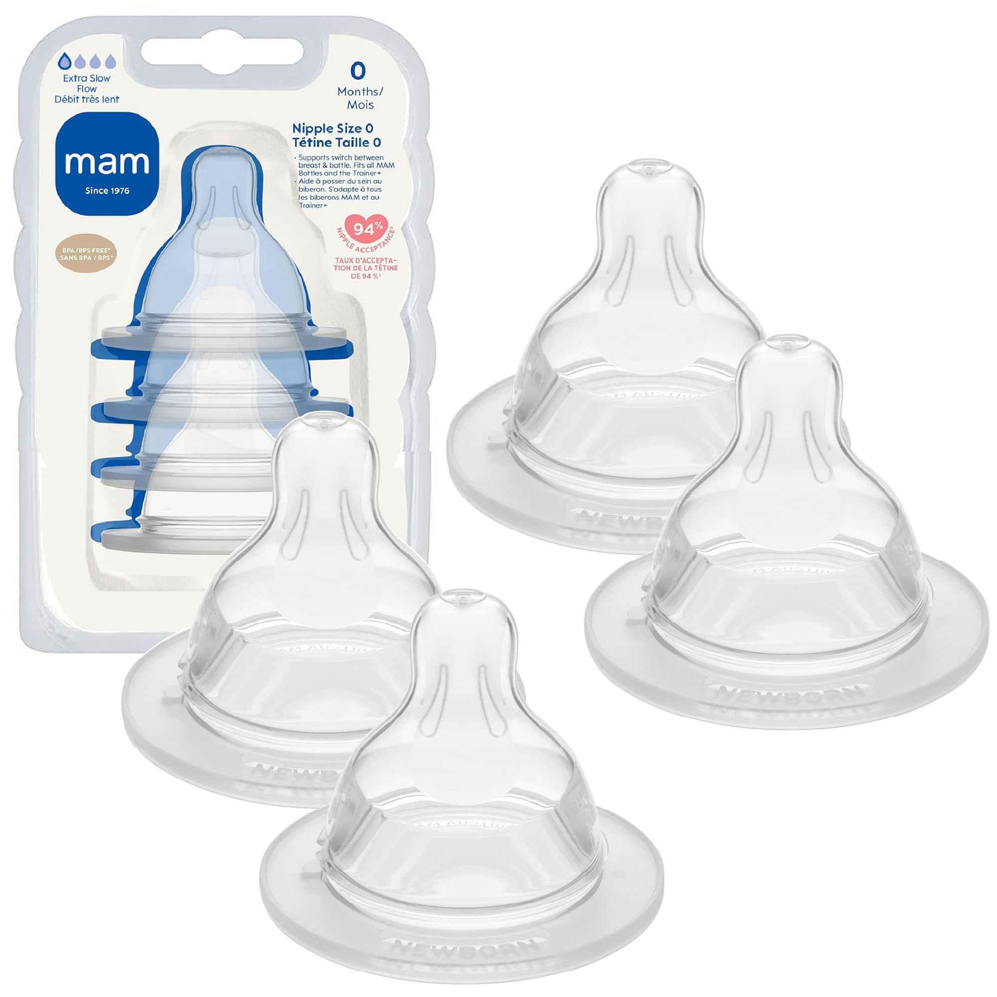 MAM Baby Bottle Anti-Colic Extra Slow Nipples Fits All MAM Bottles, 4 Pack