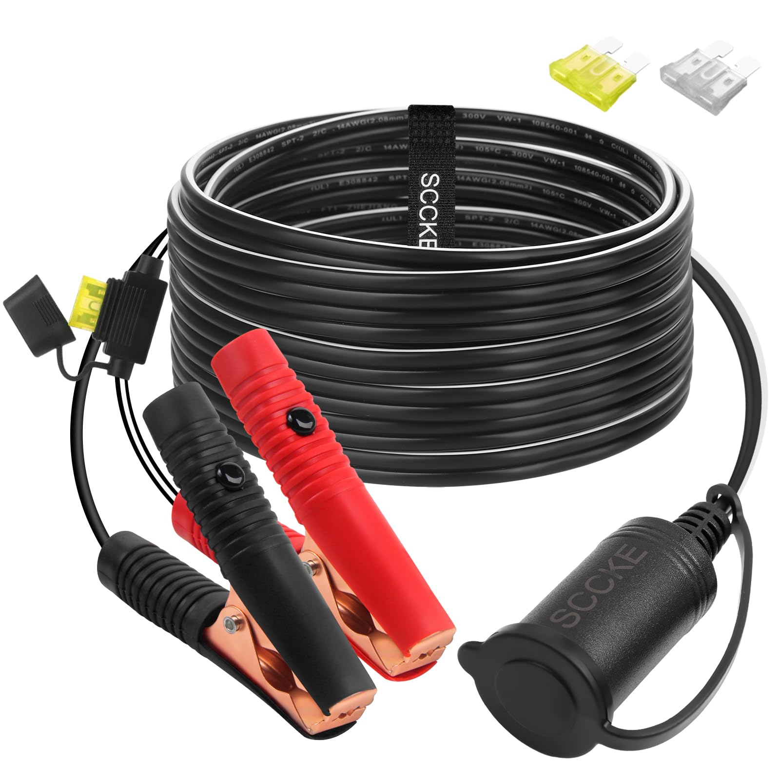 SCCKE 12FT/3.66m 14AWG 20A 12V 24V Female Car Cigarette Lighter Socket to Battery Alligator Crocodile Clips Connector, Car Battery Clamp-on Extension Charge Cable with 20A Fuse