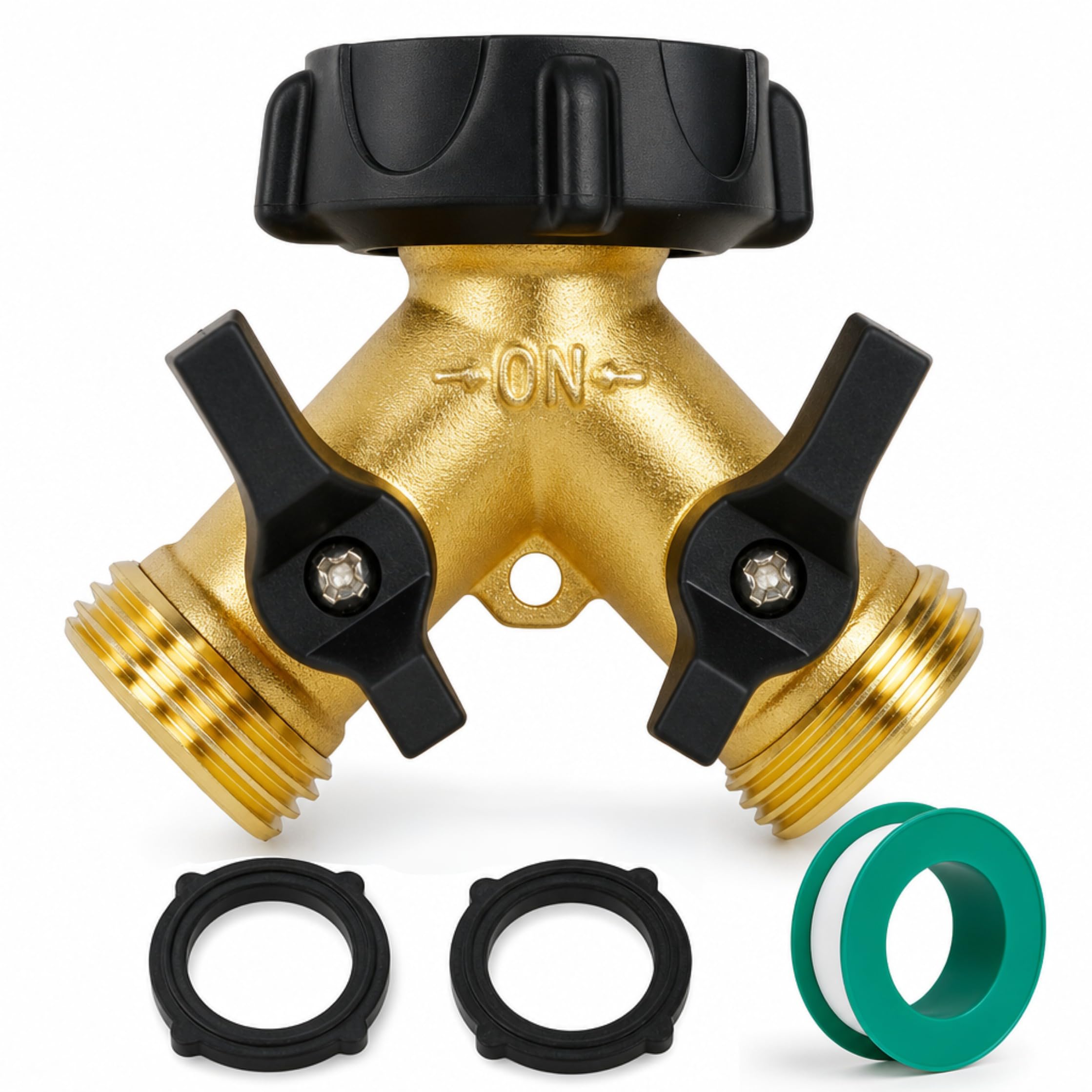 Hourleey Brass Garden Hose Splitter 2 Way, 3/4 Inch Hose Connector Tap Splitter, Hose Y Splitter, Hose Spigot Adapter 2 Valves with Extra Rubber Washers
