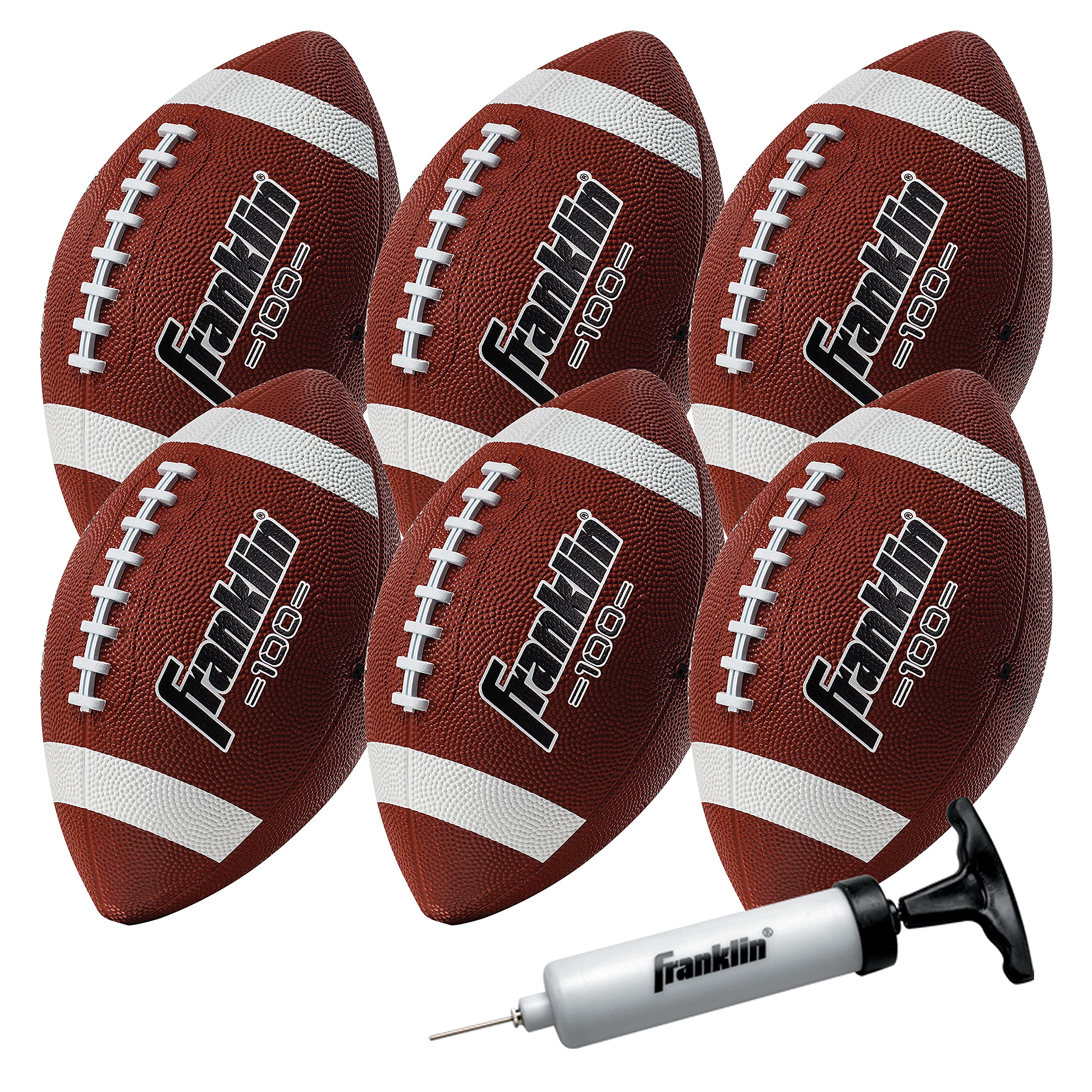 Franklin Sports Junior Footballs - Grip-Rite 100 - Kids Junior Size Rubber Footballs - Youth Balls - 6 Pack of Balls with Pump - Brown/White