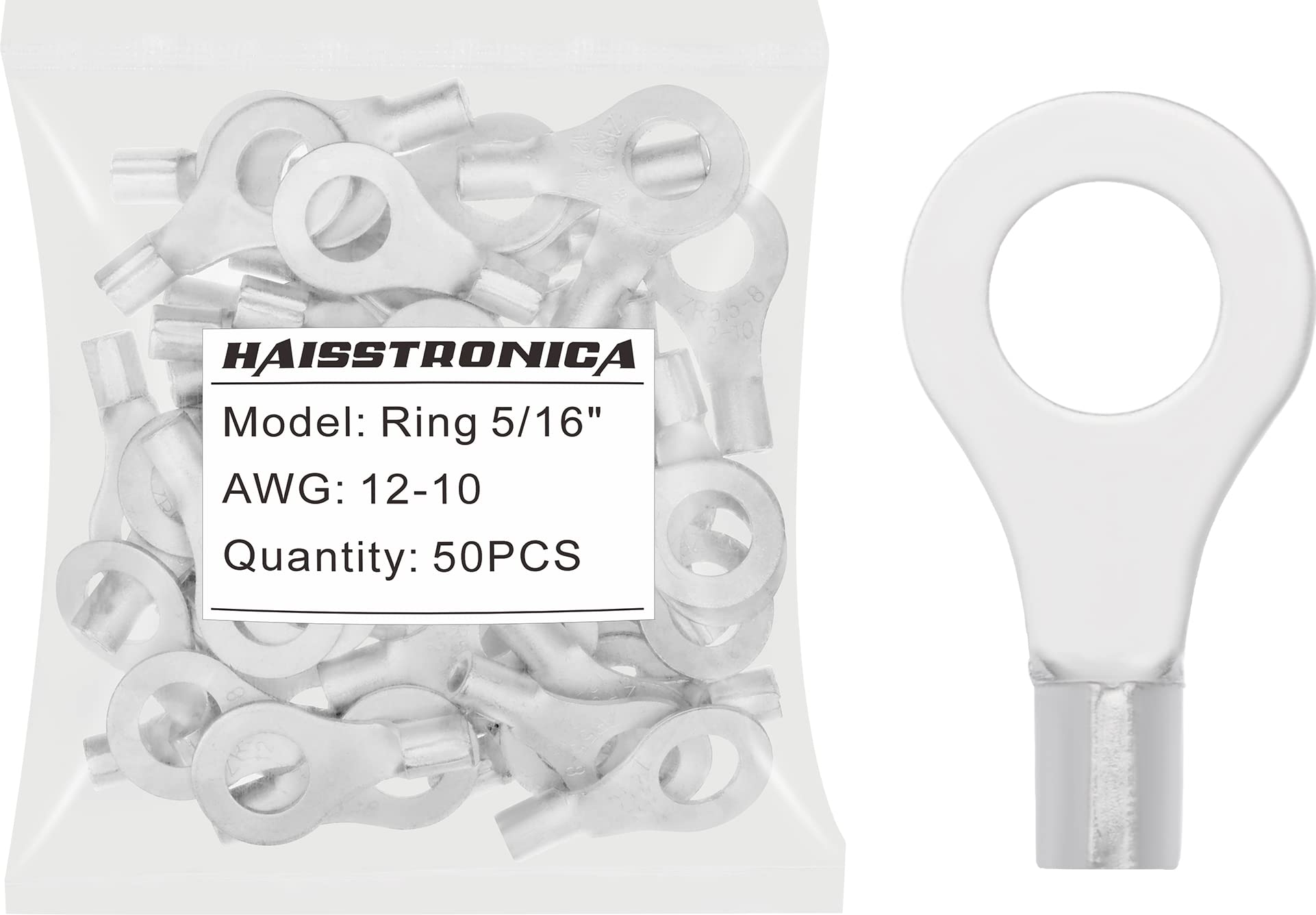 haisstronica 50PCS Ring Terminals 5/16" AWG 12-10 Non-Insulated Bare Copper