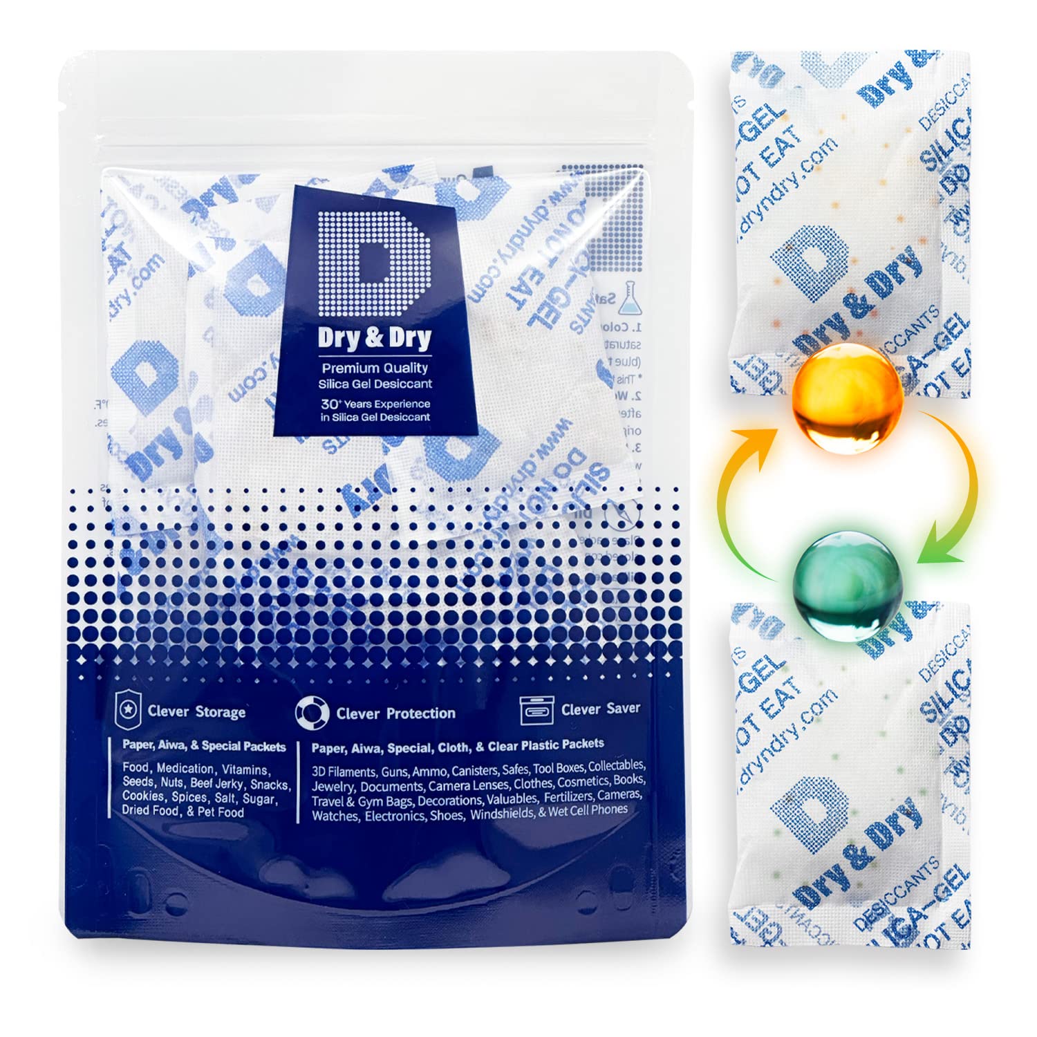 Dry & Dry 20 Gram [30 Packs] Orange Indicating Mixed Silica Gel Packets Siilca Gel Desiccant - Rechargeable Moisture Absorbers for Food Storage, Electronics, 3D Filament & Safes