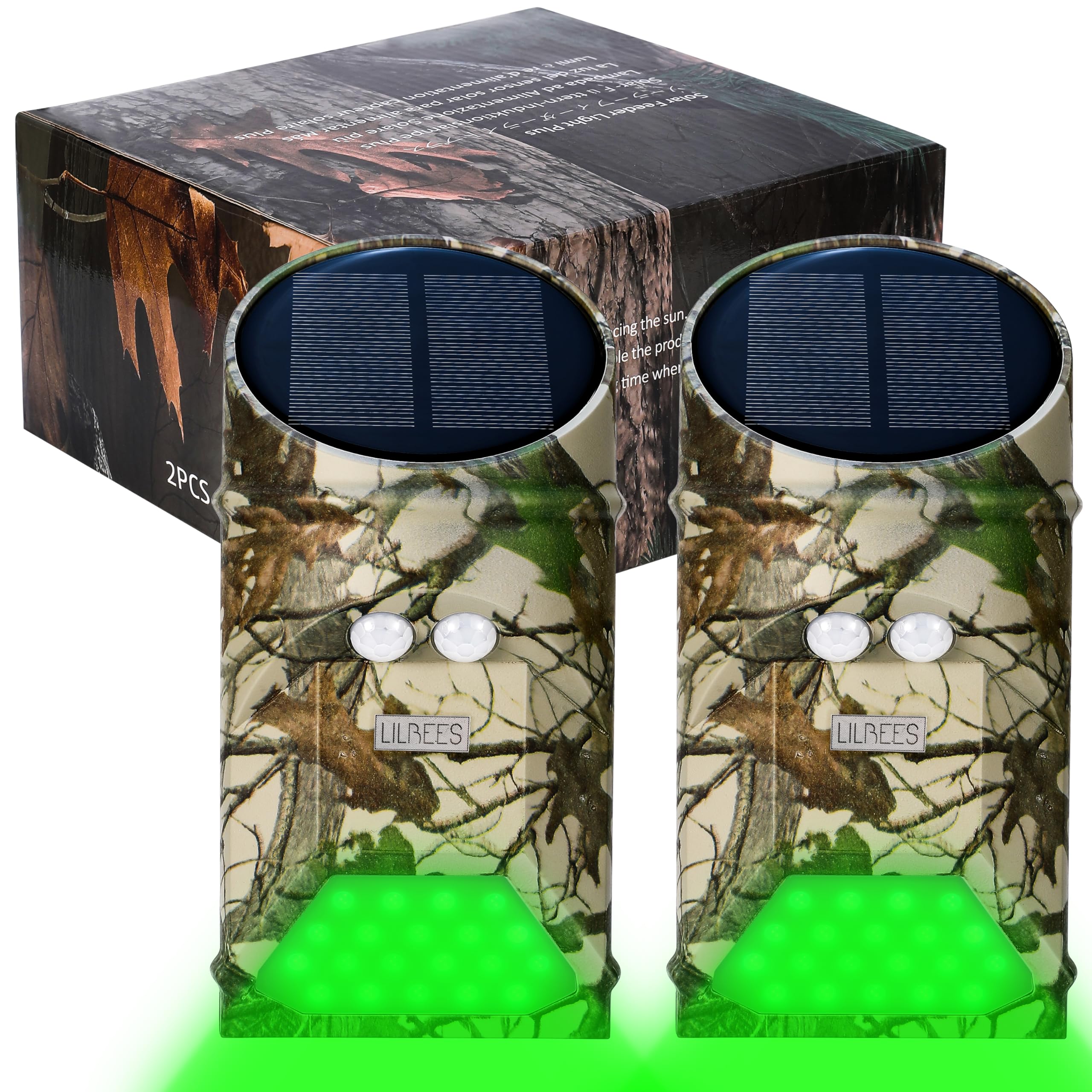 LILBEES Solar Powered Hog Feeder Light-Motion Activated for Hogs,Deer Feeder and Yard Varmint Guarding-Campact Camouflage Green Lights Design for Outdoor Game Hunting (G300) 2-Pack