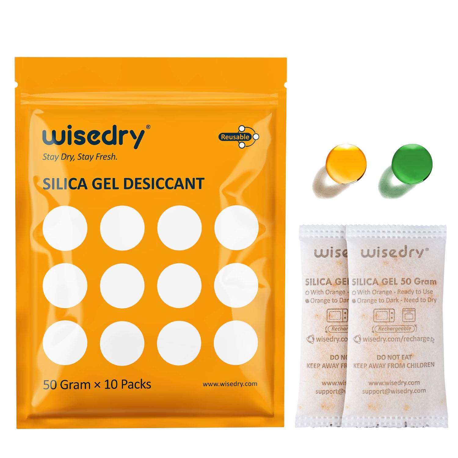 wisedry 50 Gram [10 Packs] Silica Gel Packets, Microwave Fast Reactivate Desiccant Packs with Indicating Beads, Reusable Silica Packets for 3D Filament, Drawers, Electronics, Valuables & Safes