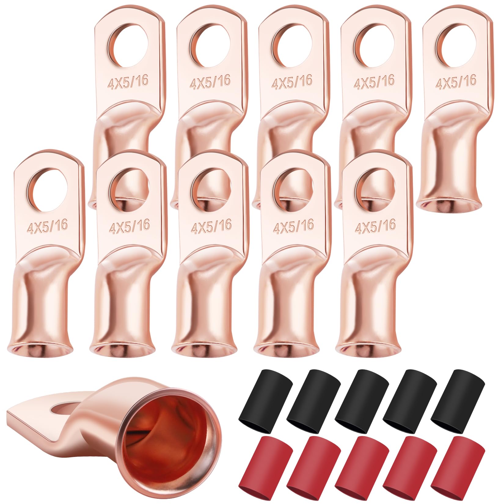 XHF 10PCS 4 AWG-5/16 Heavy Duty Battery Lugs with 3:1 Heat Shrink Tubing(UL Listed), Ring Terminals Battery Cable Ends Copper Eyelets Electrical Battery Connectors