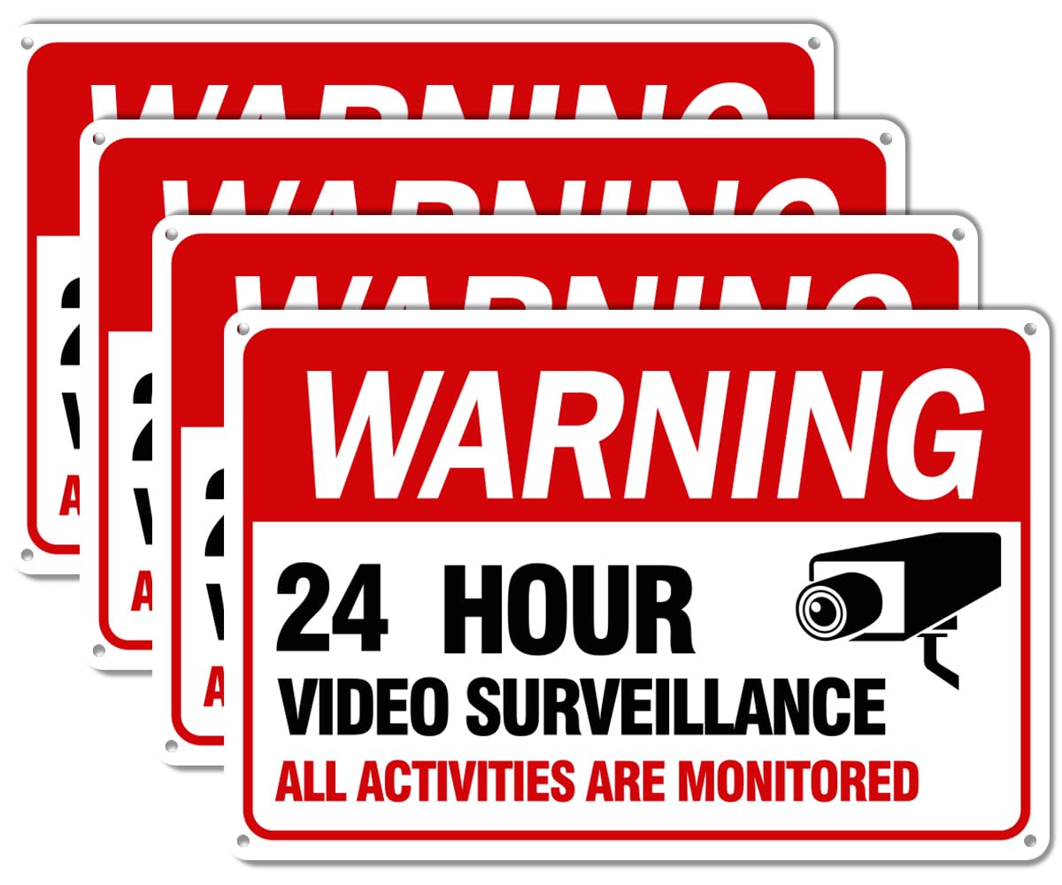 Video Surveillance Sign, 4-Pack 12"x 8" Security Camera Signs, Reflective and Waterproof Material 24 Hour Surveillance Sign For Home/Business