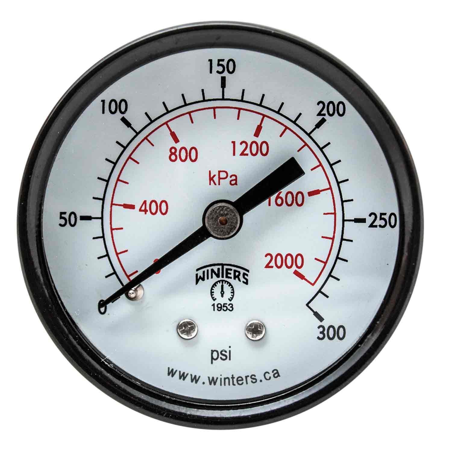 Winters 2 inch Dial Size, Multi Purpose Economy Utility Dry Pressure Gauge, Brass Internals, Steel Case, Dual Scale 0-60 psi/kPa, 3-2-3% Acc, 1/8 inch NPT Back Mount, Multi Function Pressure Gauge
