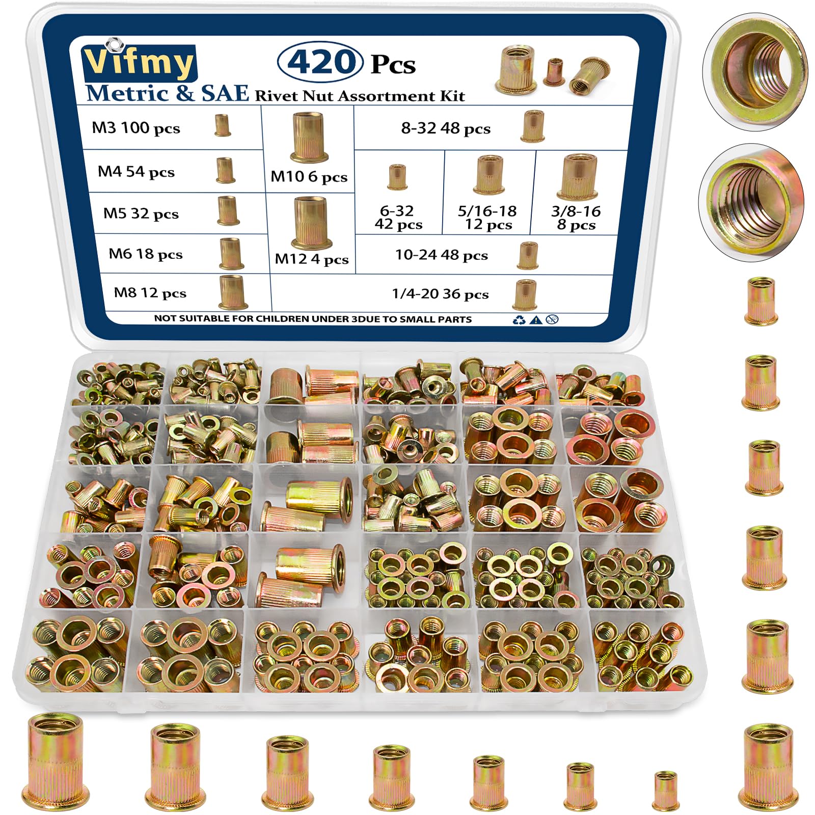 Vifmy SAE & Metric Rivet Nut Assortment Kit 420Pcs Zinc Plated Certnut