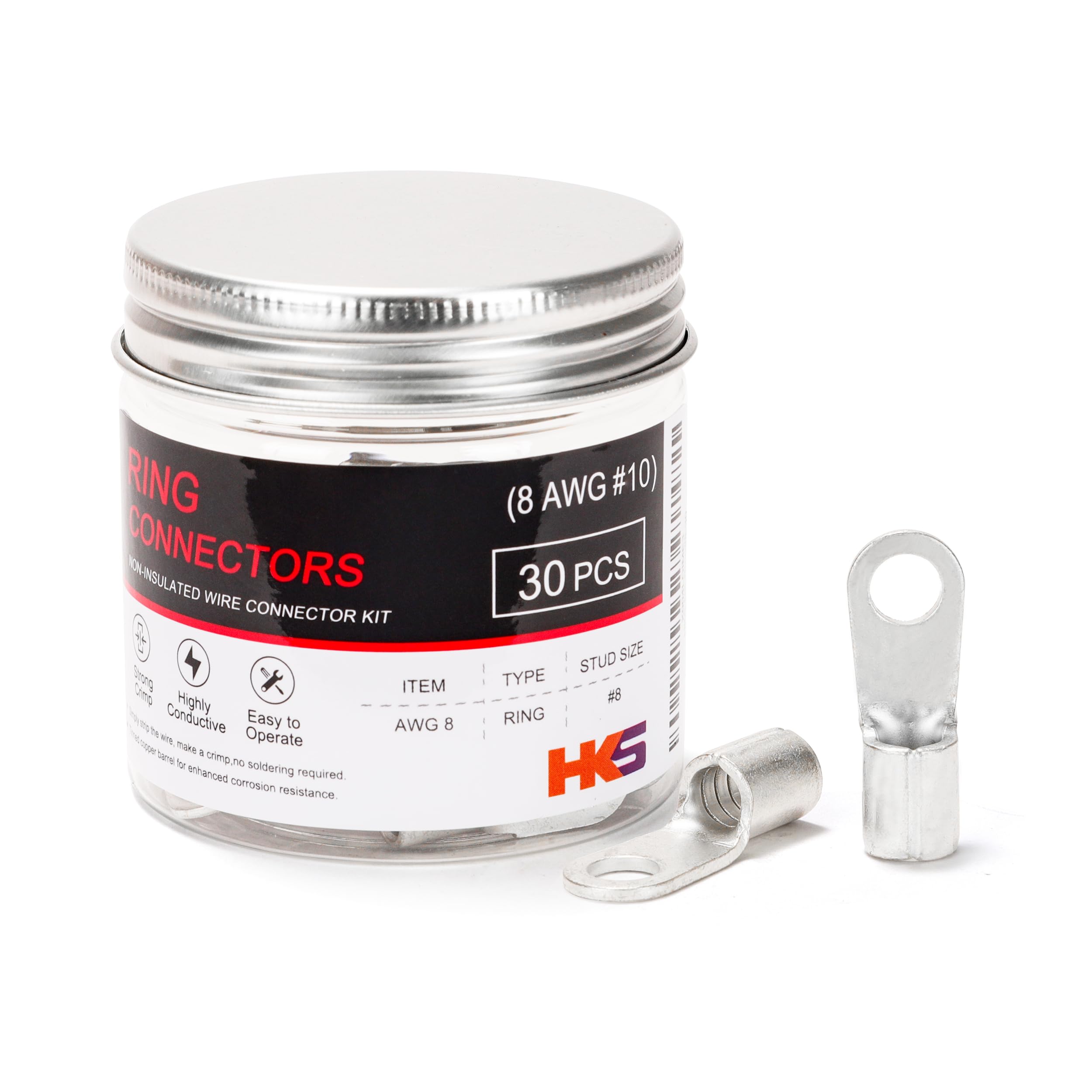 HKS 30PCS Non-Insulated Ring Terminals, #10 Stud, AWG 8 (6-10mm²) Tinned Red Copper Crimp Connectors, M5 Bolt Size, Uninsulated Wire Lugs for Electrical Wiring & Automotive Applications