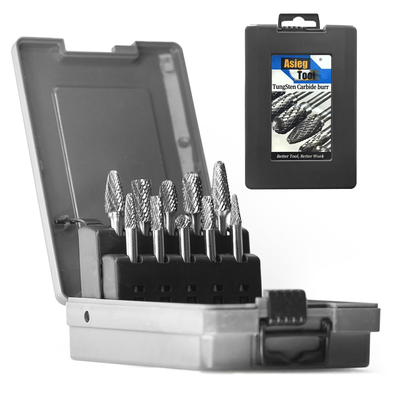 Carbide Burrs Set with 1/4''Shank Double Cut Solid Power Tools Tungsten Carbide Rotary Files Bits for Die Grinder Metal Wood Carving Engraving Polishing Drilling Grinding Milling Cutting 10pcs