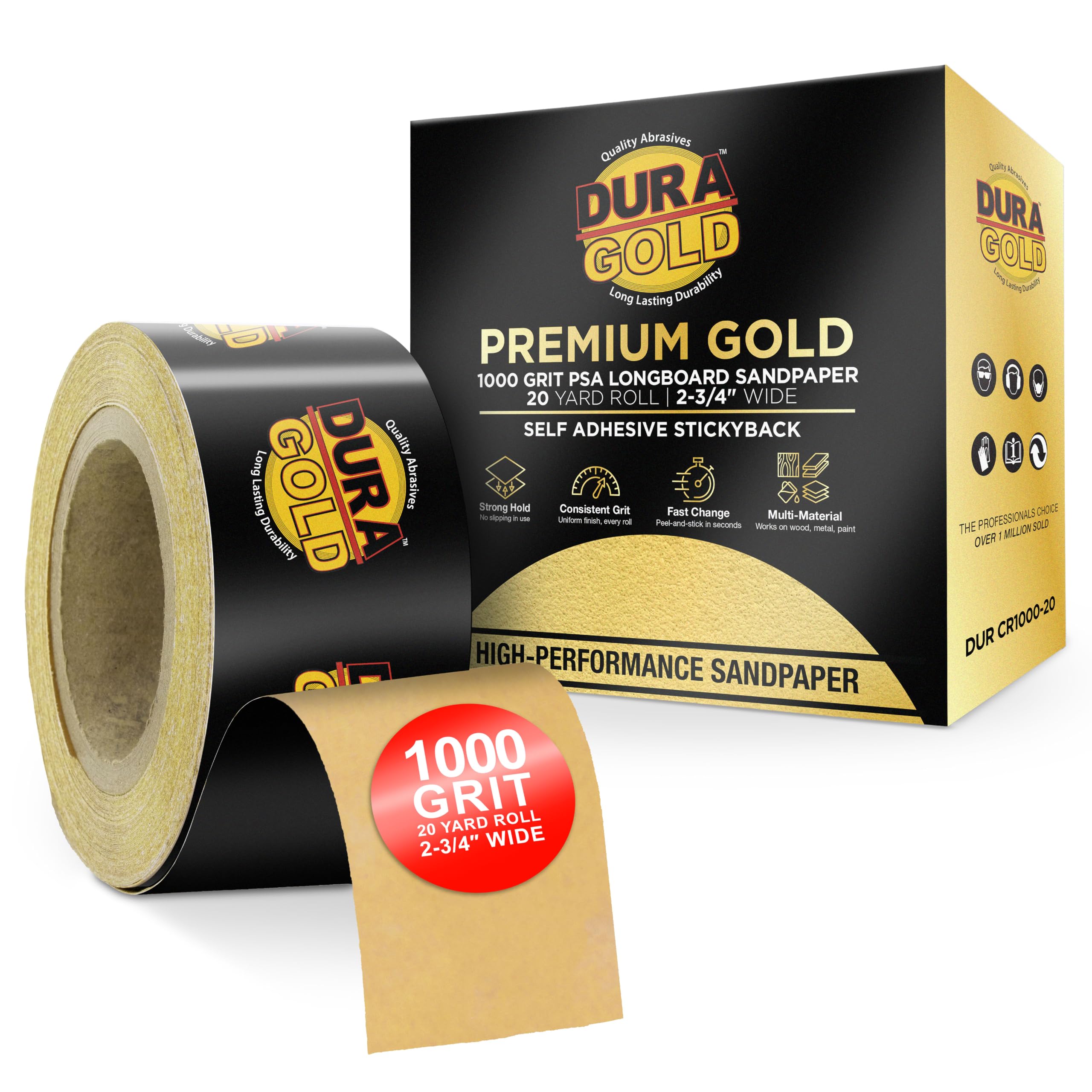 Dura-Gold Gold PSA Longboard Sandpaper, 1000 Grit, 20 Yard Roll 2-3/4" Wide